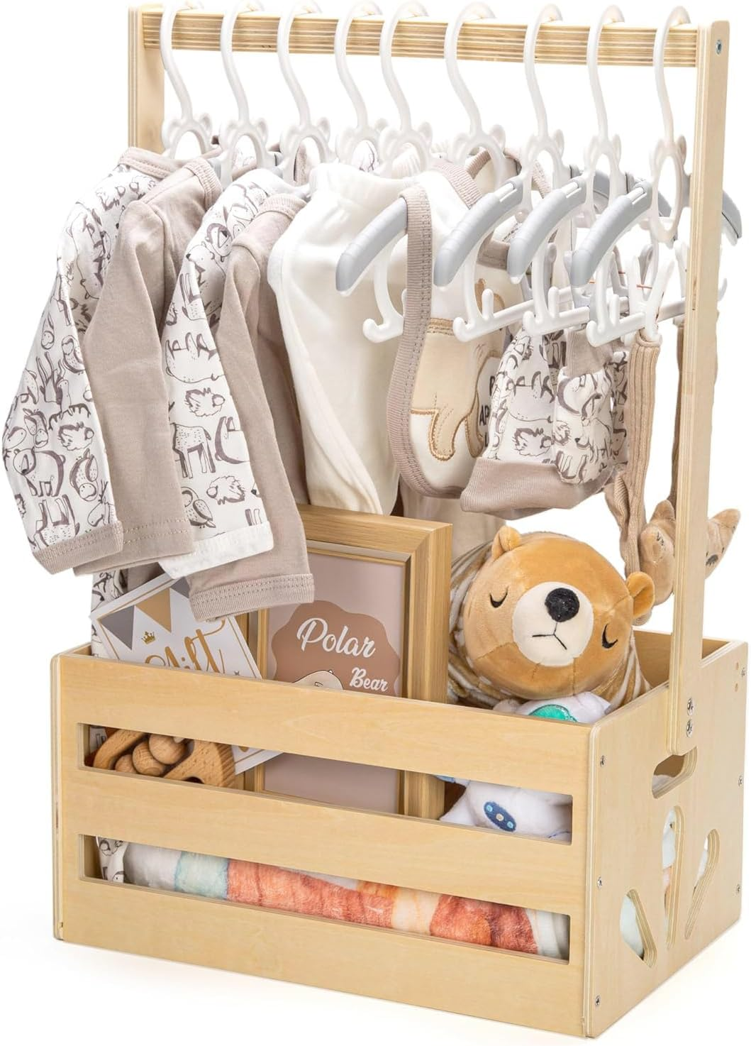 Wooden Baby Shower Crate Closet, Baby Storage Crate with Adjustable Handle, Basket for Baby Shower Gifts, Welcome Gift Basket for Newborn Boys Girls, Pregnancy Gifts for New Parents (Wood) image number 1