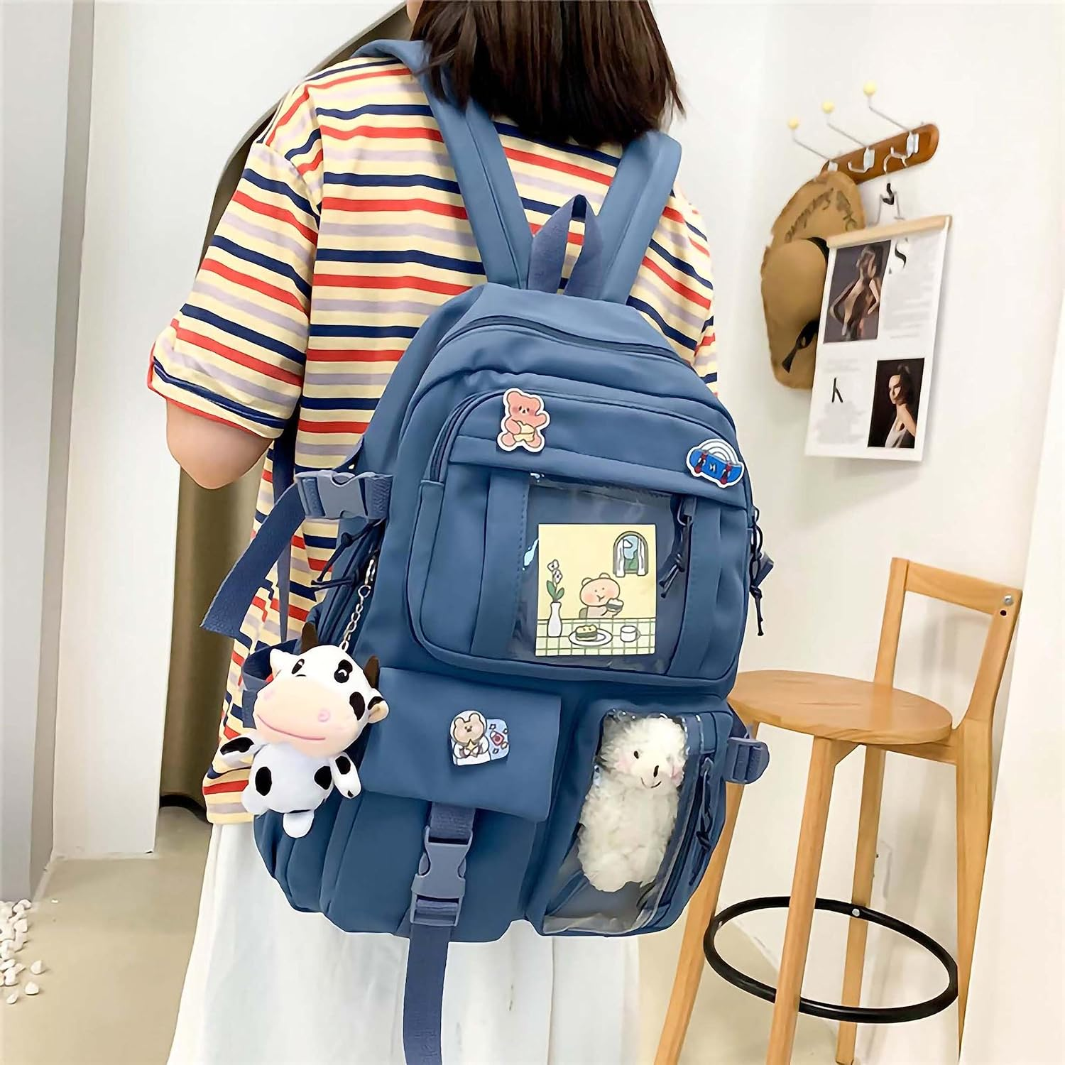 MOJIDUO Kawaii Backpack with Cute Plush Pendant and Kawaii Pins,Aesthetic Backpack Cute Kawaii Backpack for School - Bule image number 5