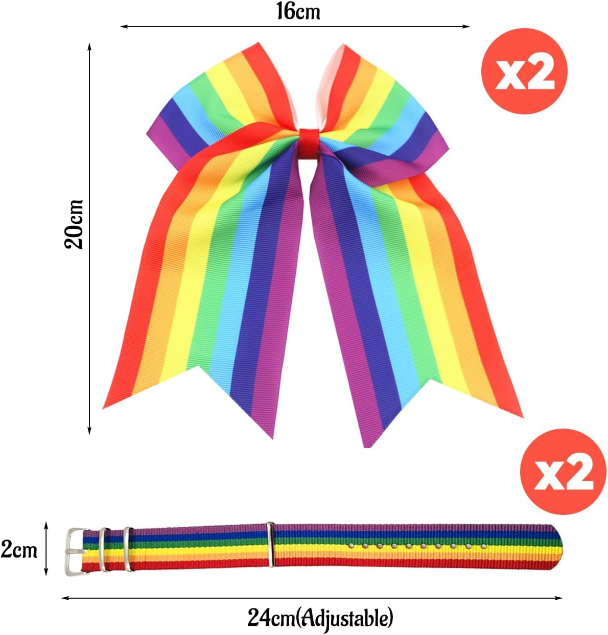 Pack of 2 Rainbow Bow Hair Accessories and 2 Rainbow Bracelets, Elastic Hair Band for Rainbow Pride, Rainbow Accessories, Suitable for Parties, Parades, Carnival and Everyday Wear. image number 2