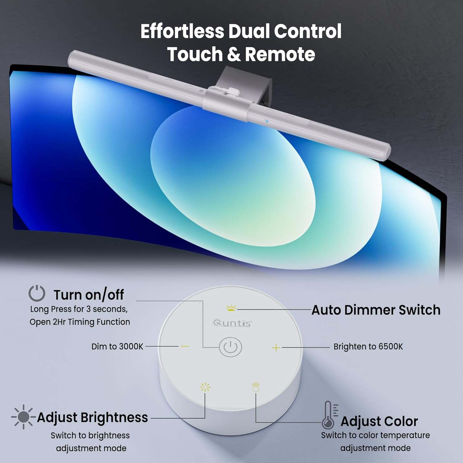 Quntis Computer Monitor Lamp, Screen Monitor Light Bar for Eye Caring, USB Reading LED Desk Lamp with Auto-Dimming, Dimmable Lamp Bar, Touch Control, No Glare Space Saving Home Office Desk Lamps image number 5