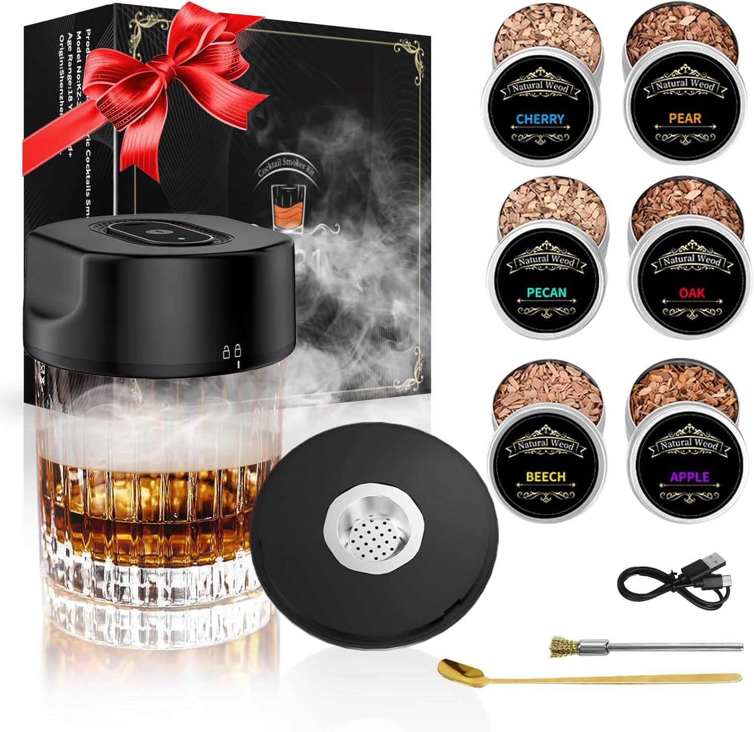 Electric Whiskey Smoker Kit, Built-In Lighter, Rechargeable, No Butane Needed, with 6 Natural Wood Chips for Cocktails & Old Fashioned Drinks - Bourbon Whiskey Gifts for Men, Dad, Husband image number 1
