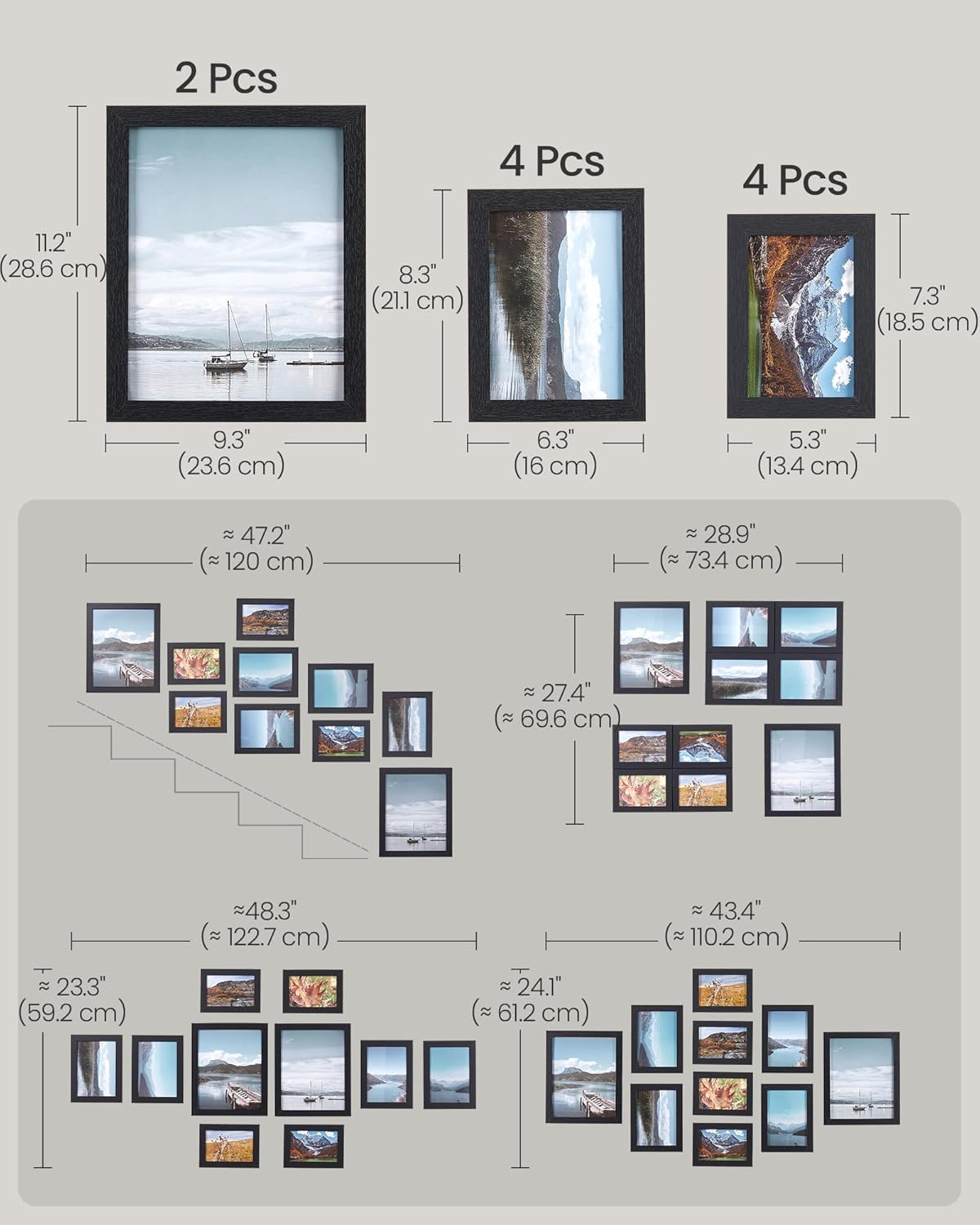 SONGMICS Picture Frames, 10 Pack Collage Picture Frames with Two 8X10, Four 5X7, Four 4X6, Photo Frame Set for Wall Gallery Decor, Hanging or Tabletop Display, Clear Glass Front, Black image number 5