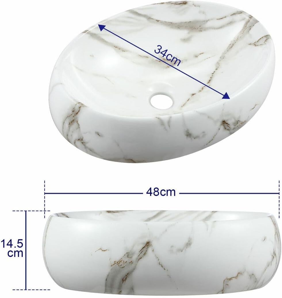 Ceramic Bathroom Sink Vessel Oval Vanity Hand Wash Basin Washing Bowl above Counter Toilet Bath Countertop White