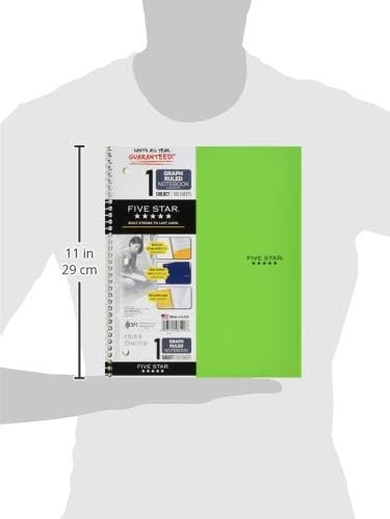 Five Star Spiral Notebooks, 6 Pack, 1 Subject, Graph Ruled Paper, Fights Ink Bleed, Water Resistant Cover, 8-1/2" X 11", 100 Sheets, Purple, Orange, Green, Blue, Gray, Black (73549)