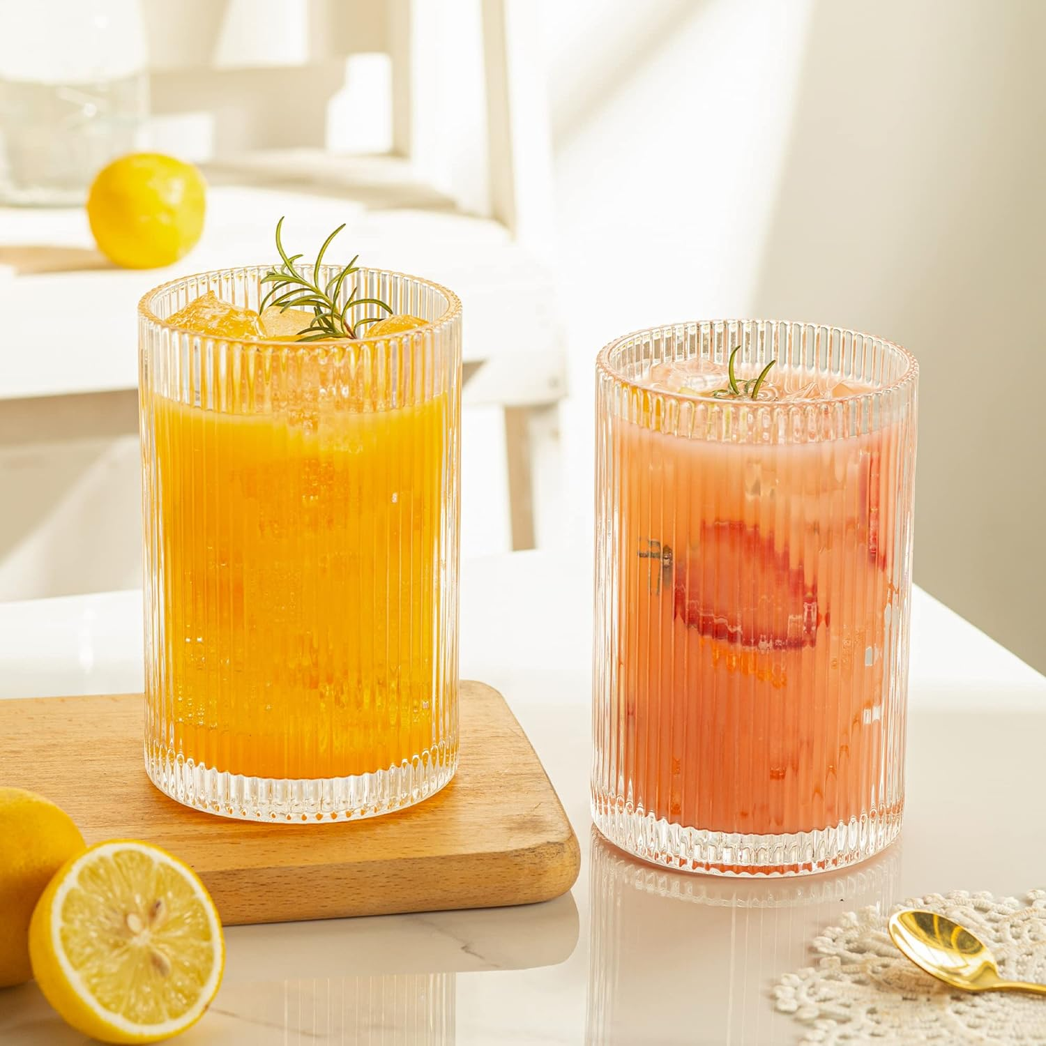 POLIDREAM Drinking Glasses Set of 4 Vintage Whiskey Glasses 500Ml Art Decor Ribbed Glassware Set Embossed Glass Tumblers Cocktail Glasses Water Glasses for Beer Juice Milk(8.3X8.3X13Cm) image number 1