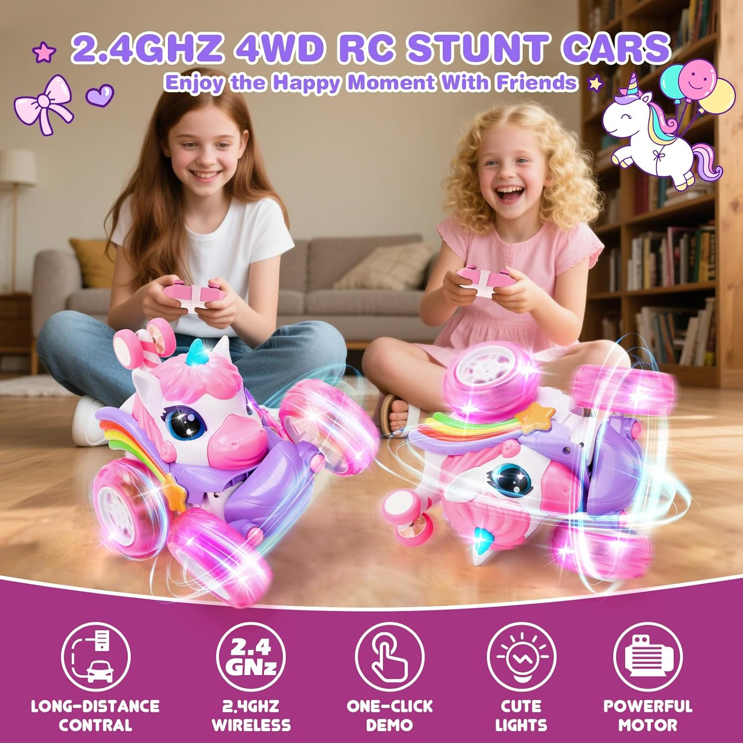 Unicorn Remote Control Car for Girls, Unicorn Toys 360&deg; Rotating 4WD Stunt RC Cars with Cute LED Lights，2.4Ghz Rechargeable RC Car Toy Birthday Gifts for Kids Girl Age 3 4-6 6-8 image number 5