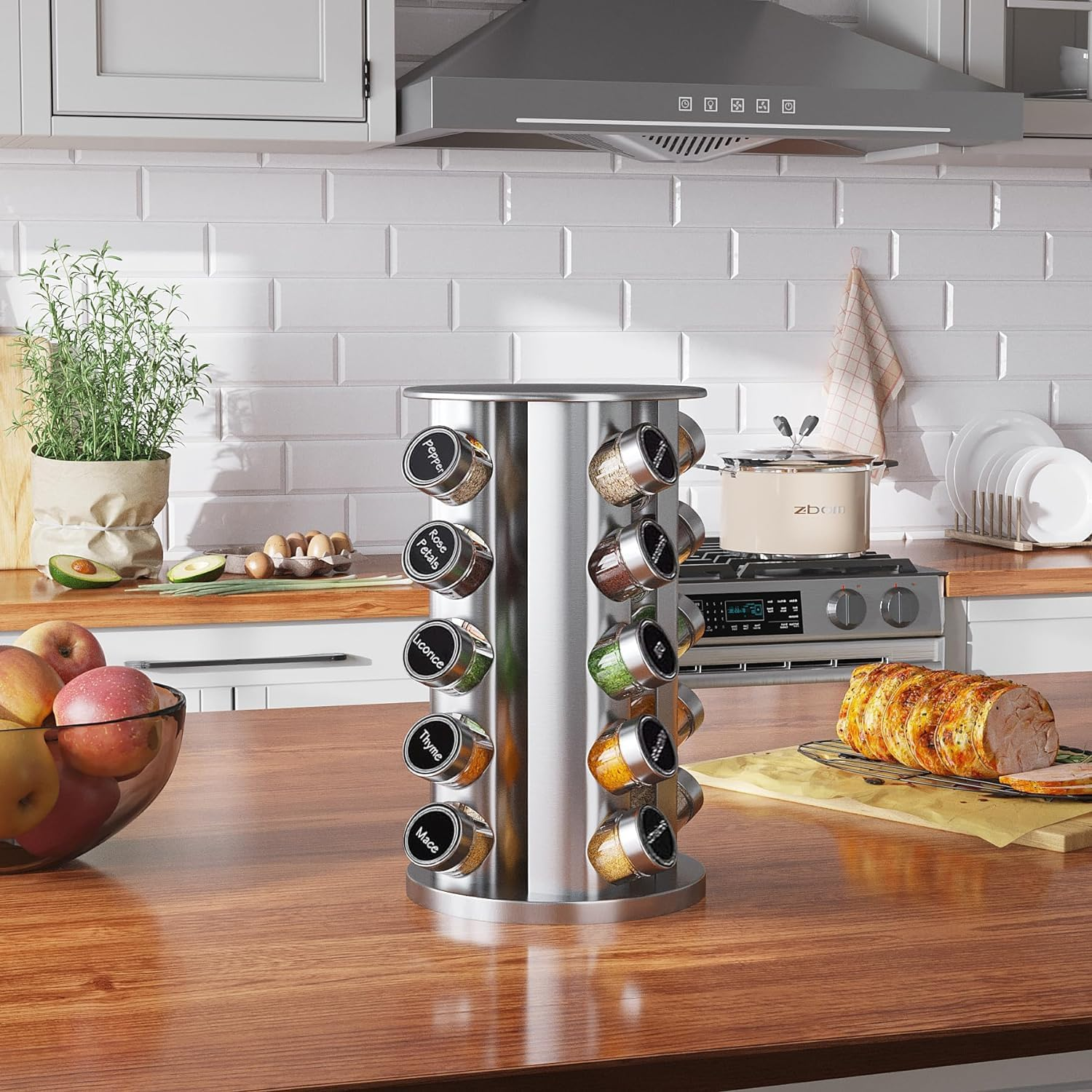 Uvwey Revolving Spice Rack with 20 Jars,Polished Stainless Steel with Black Caps, Stainless Steel Spice Carousel for Kitchen Countertop, Cabinet image number 4