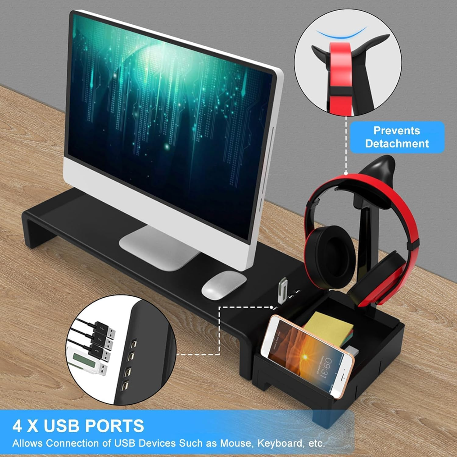 Monitor Stand Riser, Computer Monitor Stand for Desk, Height Adjustable Computer Stand, Desk Monitor Stand underneath Storage with Drawer Phone Stand Headphone Stand USB Port for Office image number 6