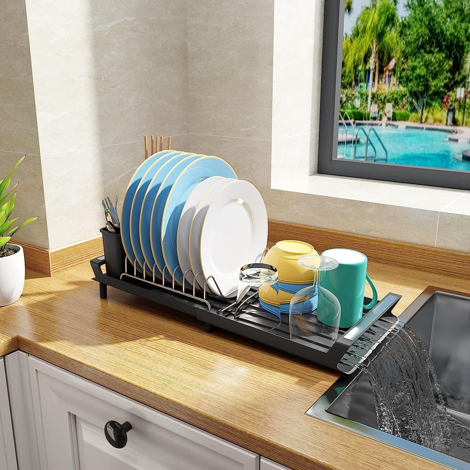 Bytebliss Dish Drying Rack, Expandable Dish Rack for Kitchen Counter with Utensil Holder, Stainless Steel Small Dish Drainer Organizer with Drainboard for Kitchen in Sink image number 6