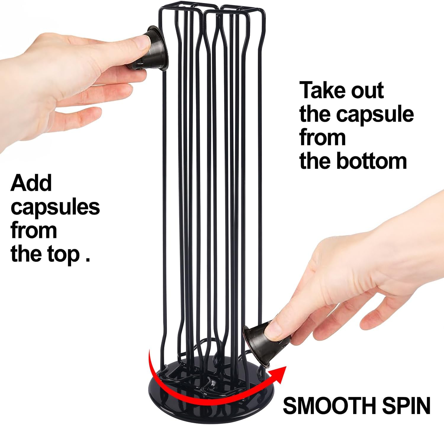 Coffee Pod Holder for Nespresso Pods, 40 Capsule Capacity, 360&deg; Rotating Coffee Pod Storage Tower Stand, Black, Rust-Proof, Soft Base, 37Cm High, Ideal Coffee Pod Holder for Kitchen, Office, Canteen