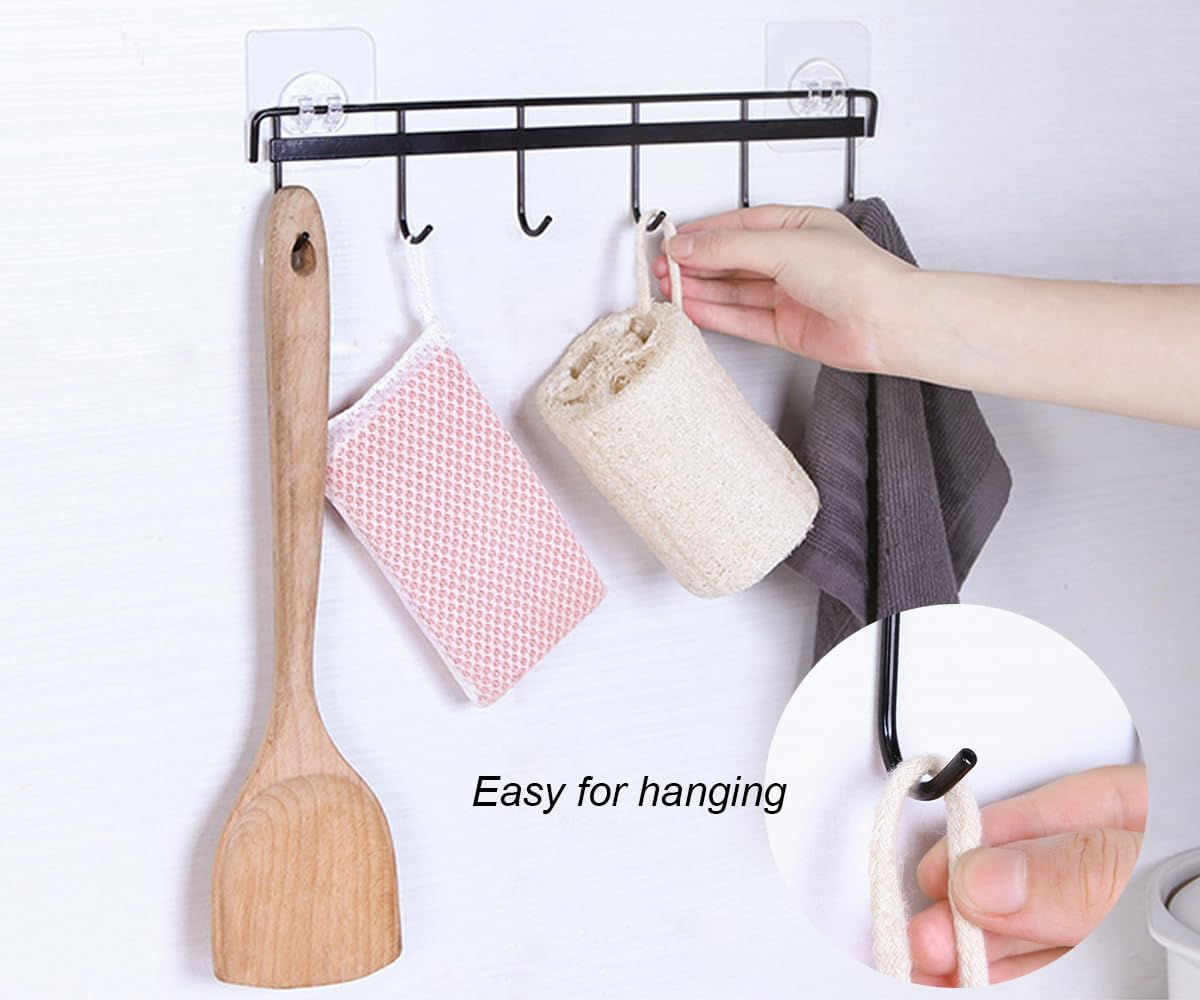 Wall Mount Utensil Rail Rack 2 Pcs, Space Saving Kitchen Utensil Holder Self Adhesive, No Drilling Wall Mounted Accessory Hanger with Hooks for Kitchen Bathroom Storage (Black) image number 1