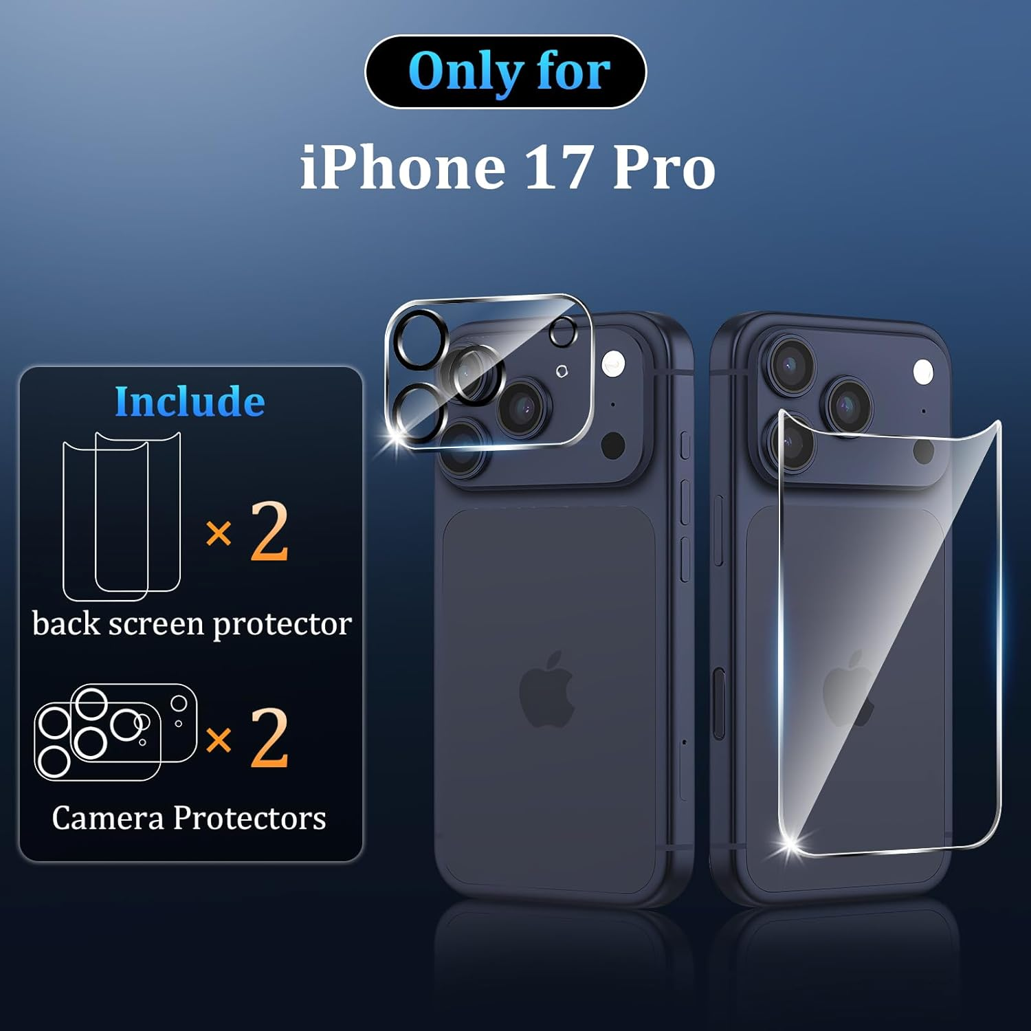 [4 in 1] for Iphone 17 Pro Back Glass Protector + Camera Protector[2+2 Pack], 9H Hardness Anti-Scratch, Easy Install, HD Rear Glass Protector for Iphone 17 Pro image number 6