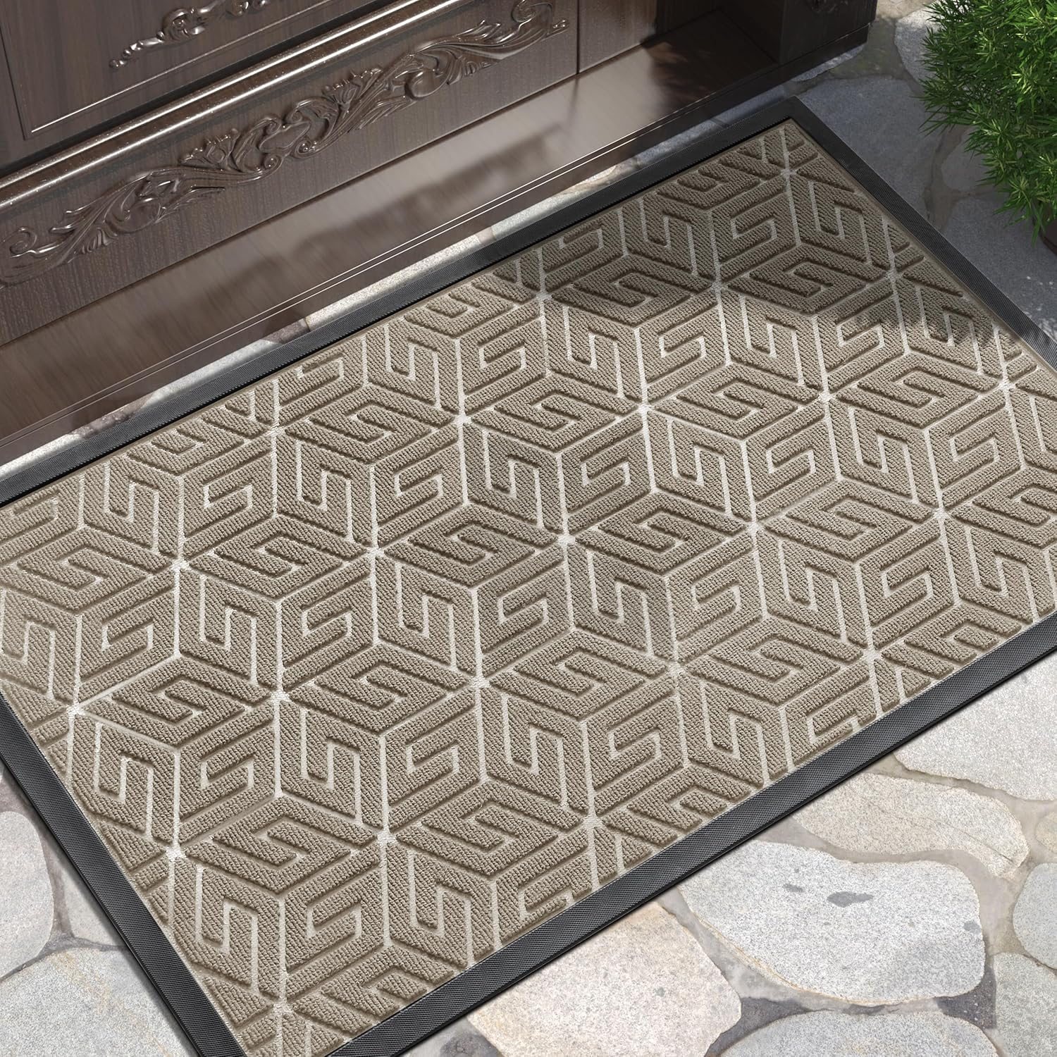 Yimobra Sturdy Front Door Mat, Heavy Duty Doormat for Outdoor Indoor, Non Slip Rubber Floor Mat for Entry, Easy Clean, Waterproof, Low Profile, Patio, Busy Areas, 17X29.5 Inch, Pale Khaki image number 3