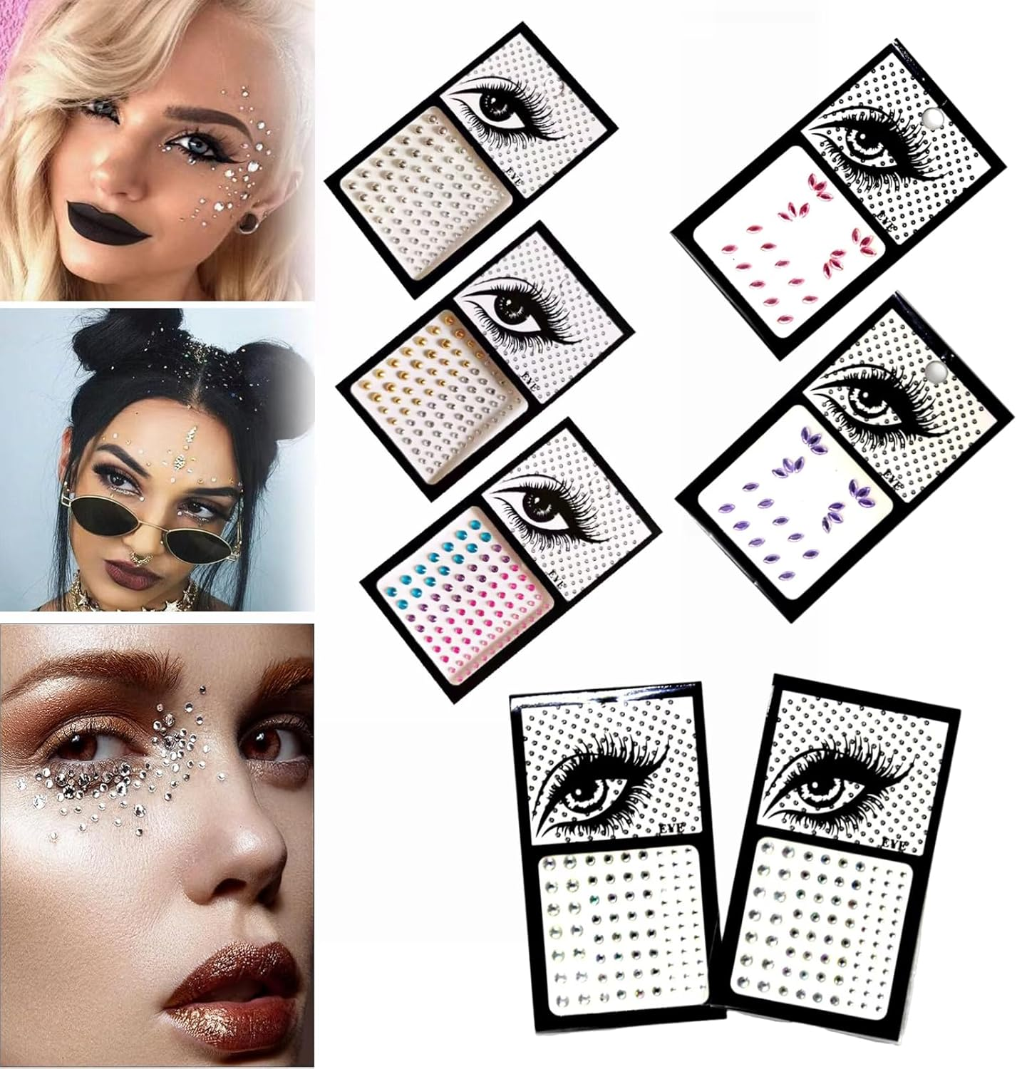 Eyes Face Body Temporary Tattoos, Glitter Rhinestones Face Gems Mermaid Body Stickers Crystals Face Jewels Tattoo Sticker Club-Wear Party Rave Festival Body Jewelry for Women and Girls(7 PCS) image number 3