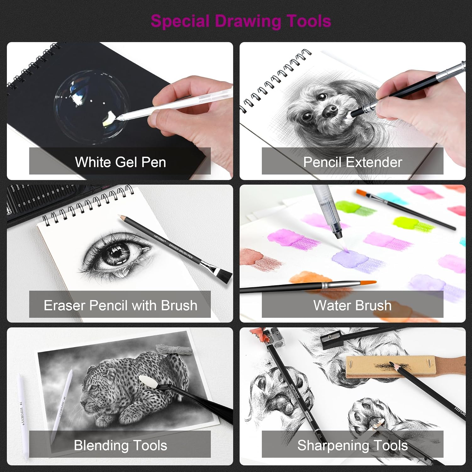 HIFORNY 176 PCS Art Supplies Drawing Set Sketching Kit with 100 Sheets 3-Color Sketchbook,Graphite Colored Charcoal Watercolor & Metallic Pencils,Blending Tools and More, for Beginner Artists image number 3