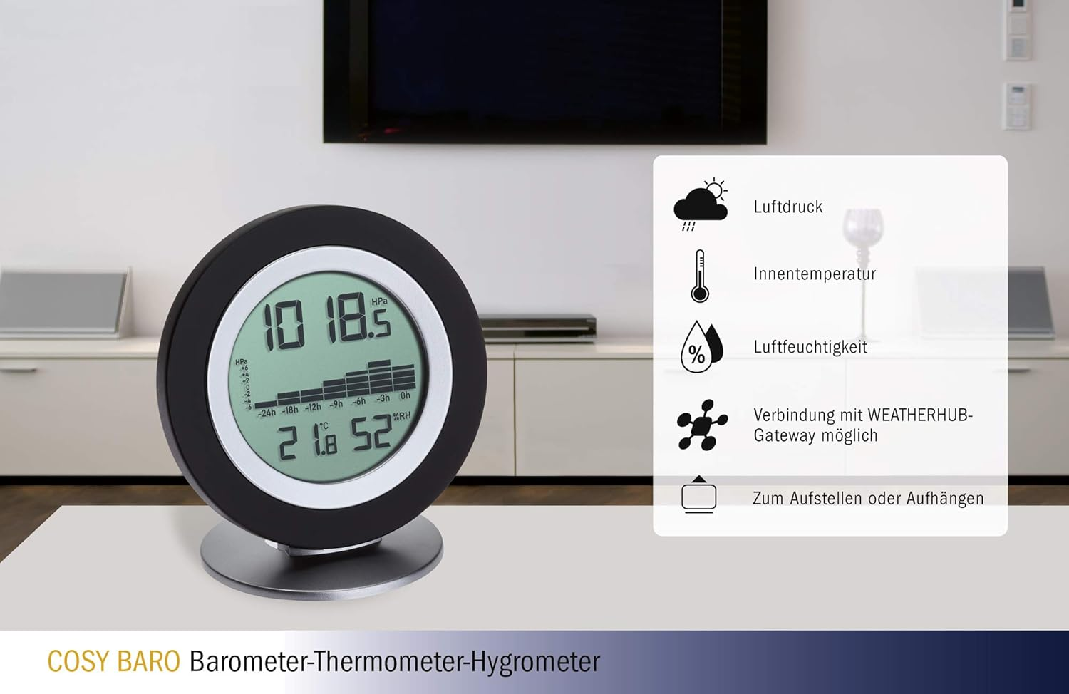 TFA Dostmann Weatherhub Cosy BARO Digital Barometer Thermometer Hygrometer Weather Station with Graphic Overview, Black, L120 X W55 X H150 Mm image number 3