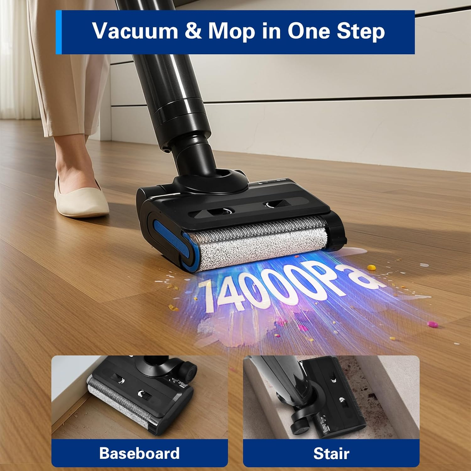 ADVWIN Wet Dry Vacuum Cleaner, 180&deg; Lie-Flat Cordless Smart Vacuum Mop with 70℃ Hot-Air Drying, Self-Cleaning for Hard Floor Sticky Messes and Pet Hair, Lightweight Handheld Vacuum with 2 Batteries image number 5