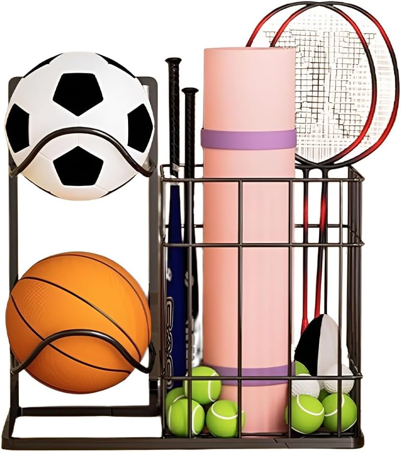 All-In-One Ball Storage Rack, Basketball Organizer Rack with Basket, Fitness Supplies Depositary, for Workout Room Garage School, Sports Equipment Storage for Football Tennis Badminton image number 4