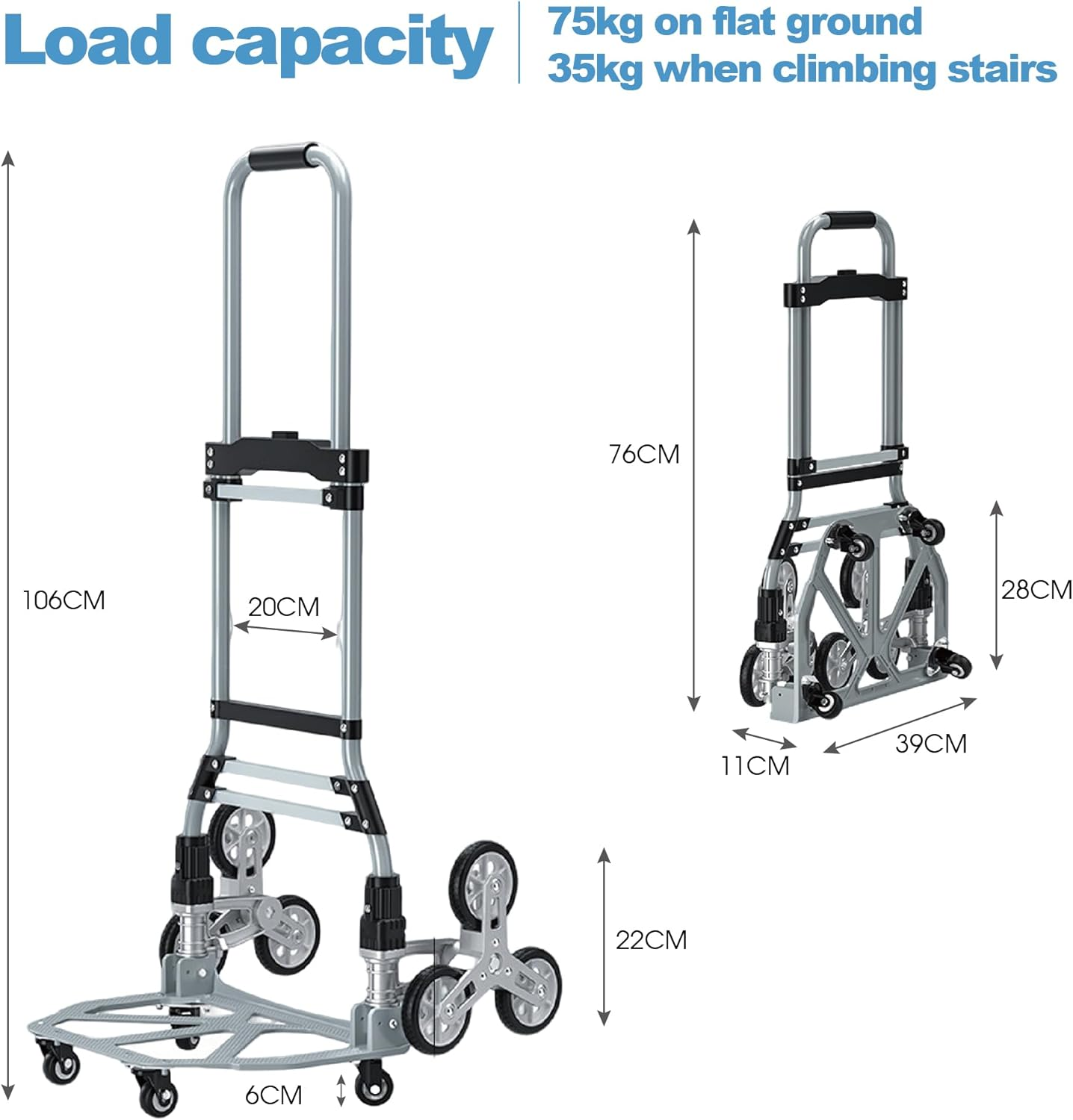SALESBAY Stair Climbing Trolley Cart 10 Wheels Folding Hand Truck Aluminum 70KG image number 1