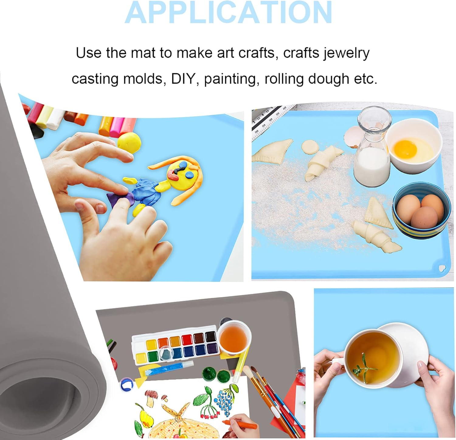 Silicone Kids Placemats, Non-Slip Portable Placemats for Kids Baby Toddlers Table Mats, Reusable Children&rsquo;S Dining Food Mat, 2Pack, Baby Blue/Gray image number 5