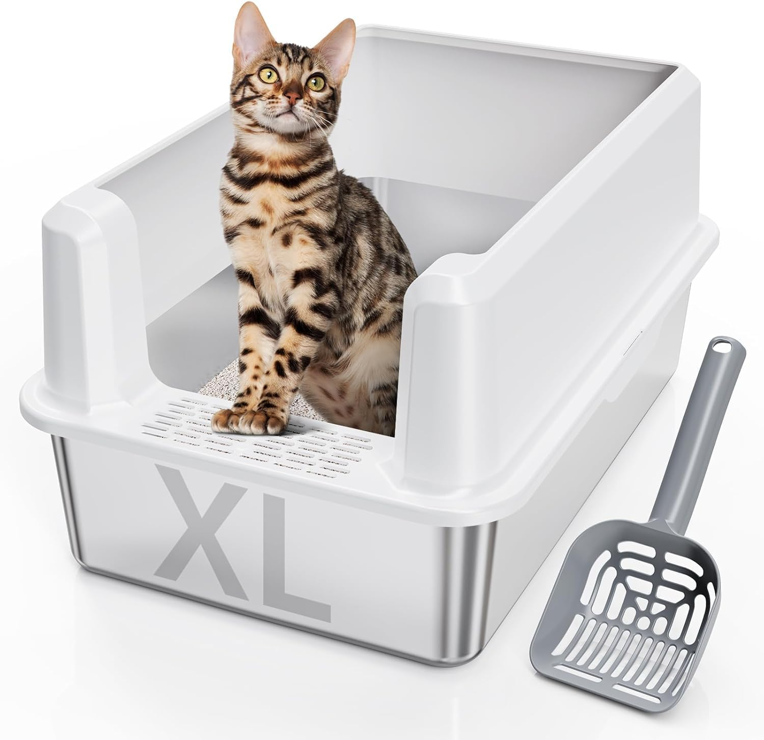 Stainless Steel Litter Box,Xl High Side Semi-Enclosed Cat Litter Box for Large Cats,Metal Cat Litter Pan with Scoop,Non Stain,Rusty and Sticky Metal Kitty Litter Box for Multiple Cats(White) image number 3