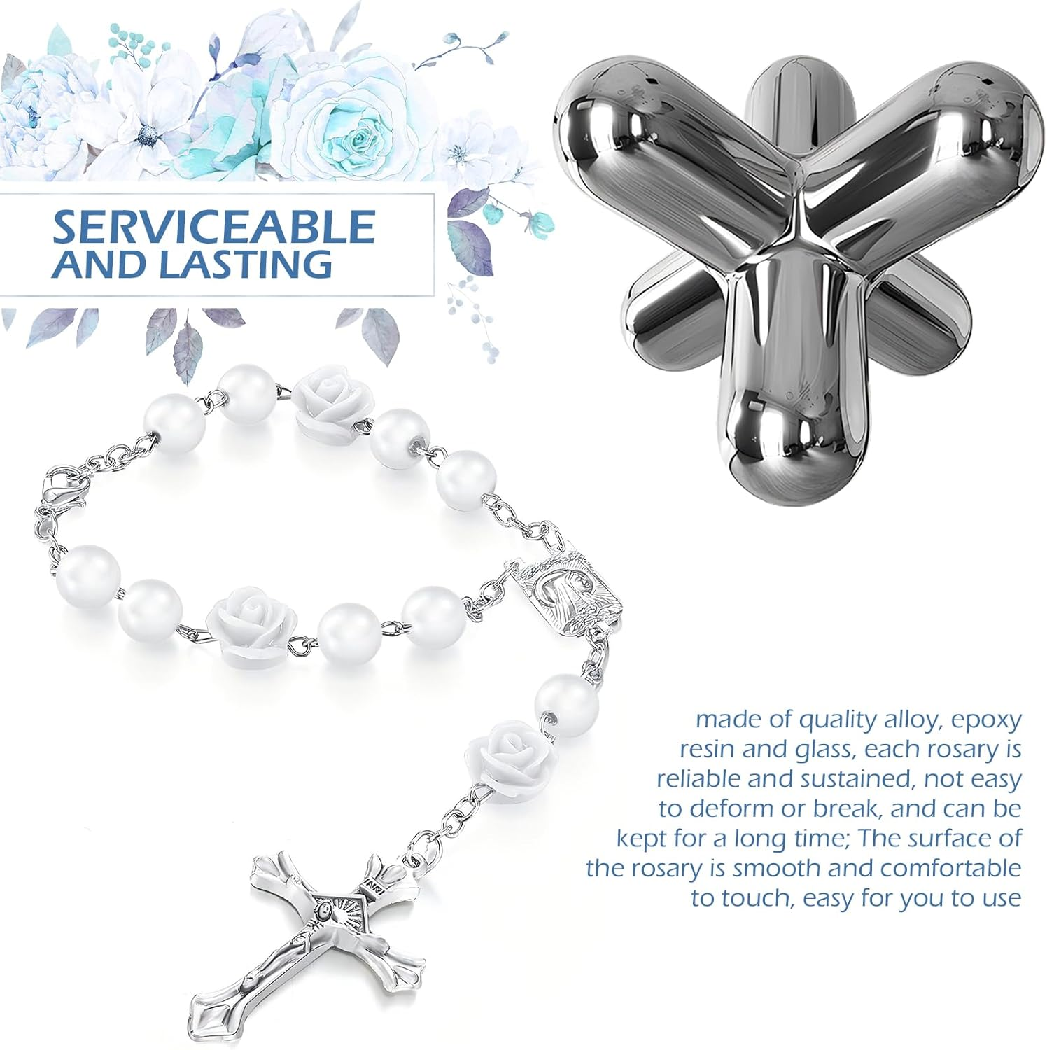 2PCS Car Rose Rosary for Rearview Mirror, Personalized Blessing Rear View Mirror Hanging Decors, Car Rose Cross Pendant, Auto Interior Hanging Accessories (White) image number 5