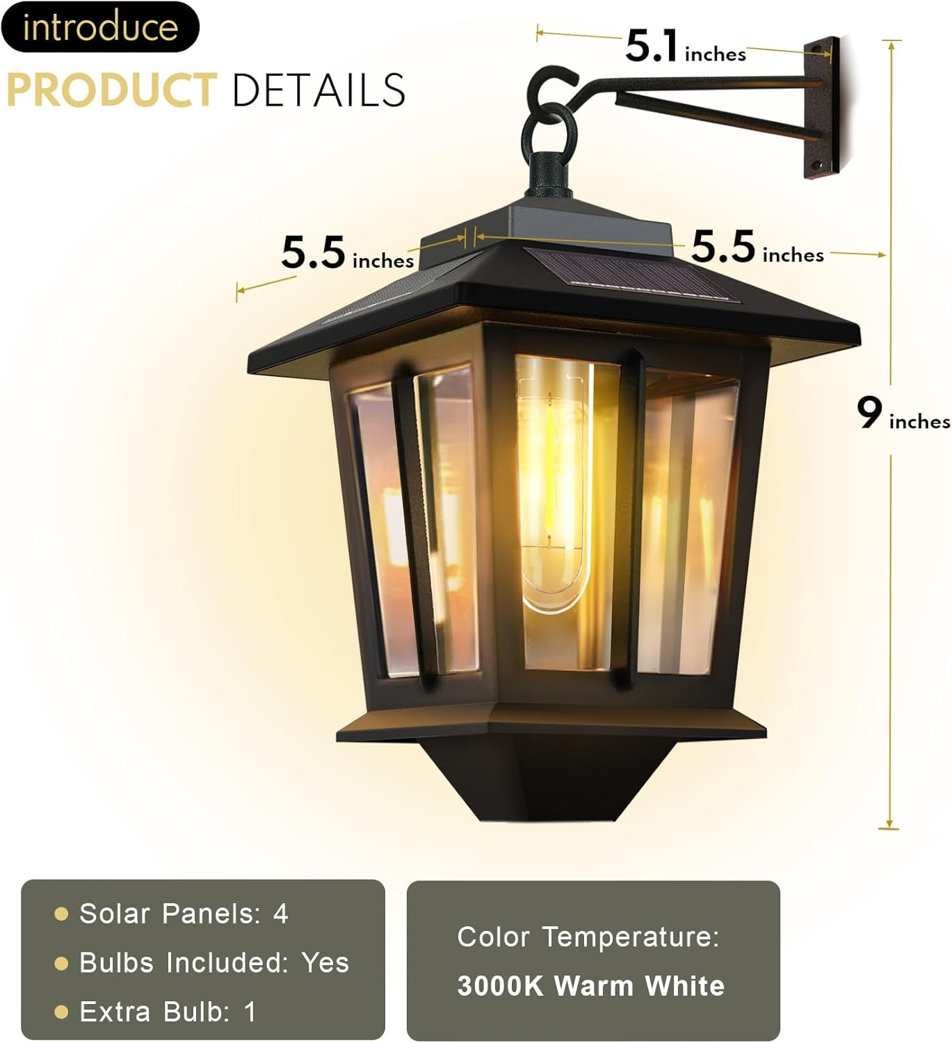 2 Pack Hanging Solar Lantern, Aluminum Outdoor Hanging Solar Lights with 4 Solar Panels, Dusk to Dawn Led Outdoor Solar Lanterns, Anti-Rust Waterproof Solar Wall Lanterns with Hooks, 3000K Warm White image number 2