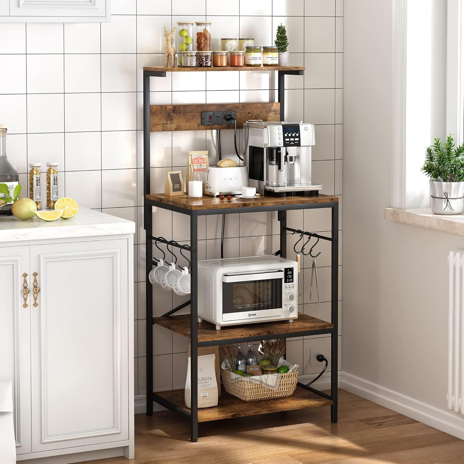 Kisfam Bakers Rack with Storage & Power Outlet - 4-Tier Kitchen Shelf with 6 Hooks, Microwave Stand & Coffee Bar Organizer, Rustic Brown Steel & Wood Storage Shelf image number 4