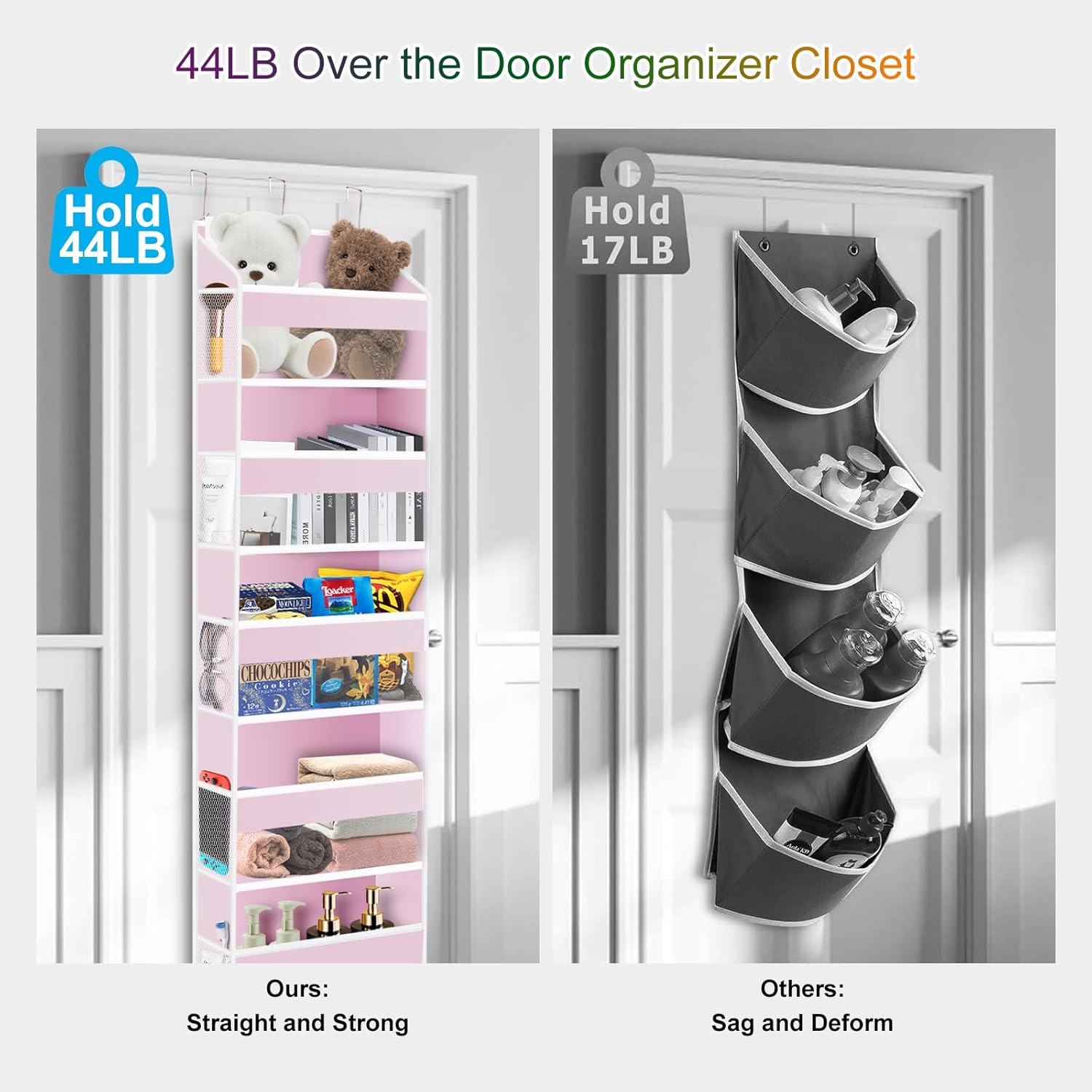 Xifllife over the Door Organizer Closet,5 Bins 10 Side Pockets,Hanging Door Organizer,Anti Tilt 44 Lbs Load Door Organizers and Storage with Clear Window for Bedroom,Nursery,Rv,Bathroom,Camper(Pink)