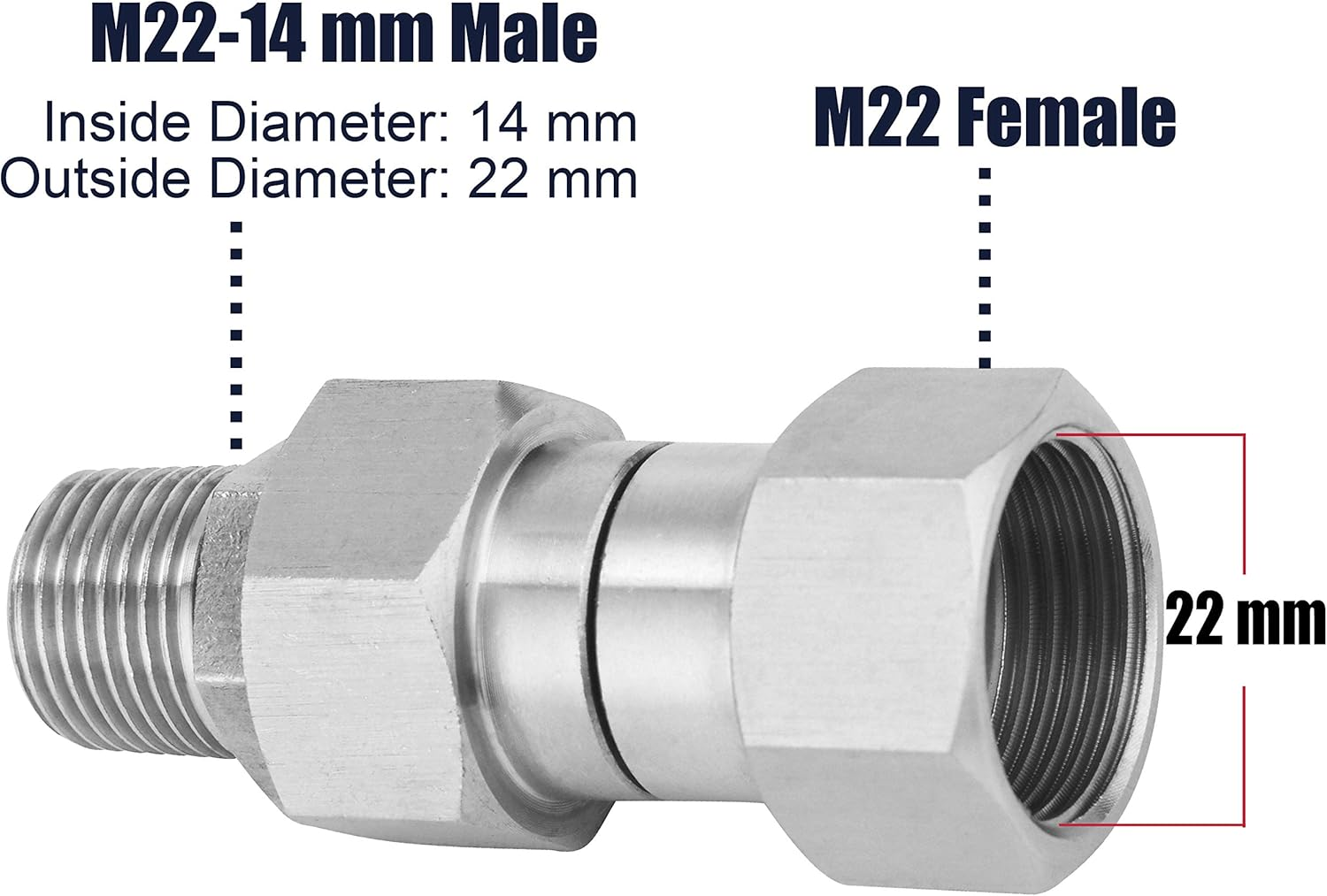 M MINGLE Pressure Washer Swivel Fitting, Metric M22 14Mm Thread, Stainless Steel, 4500 PSI image number 4