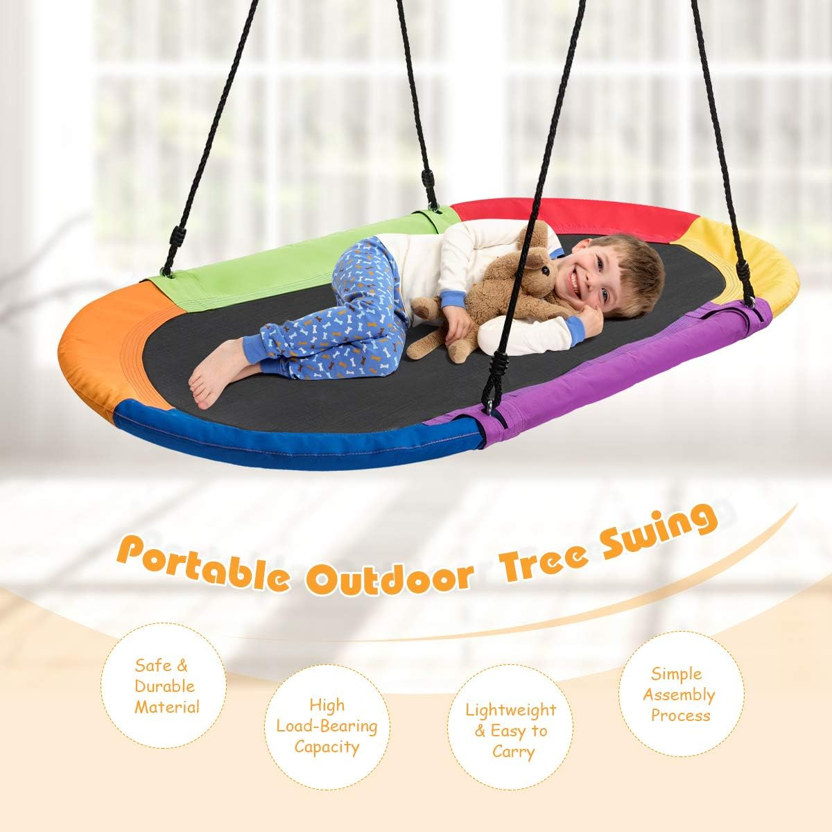 HONEY JOY 150CM/60'' Giant Platform Saucer Tree Swing Set, 300KG Weight Capacity, Outdoor Saucer Tree Swing with Adjustable Hanging Ropes, Children Swing for Backyard Park (Colorful) - Green image number 3