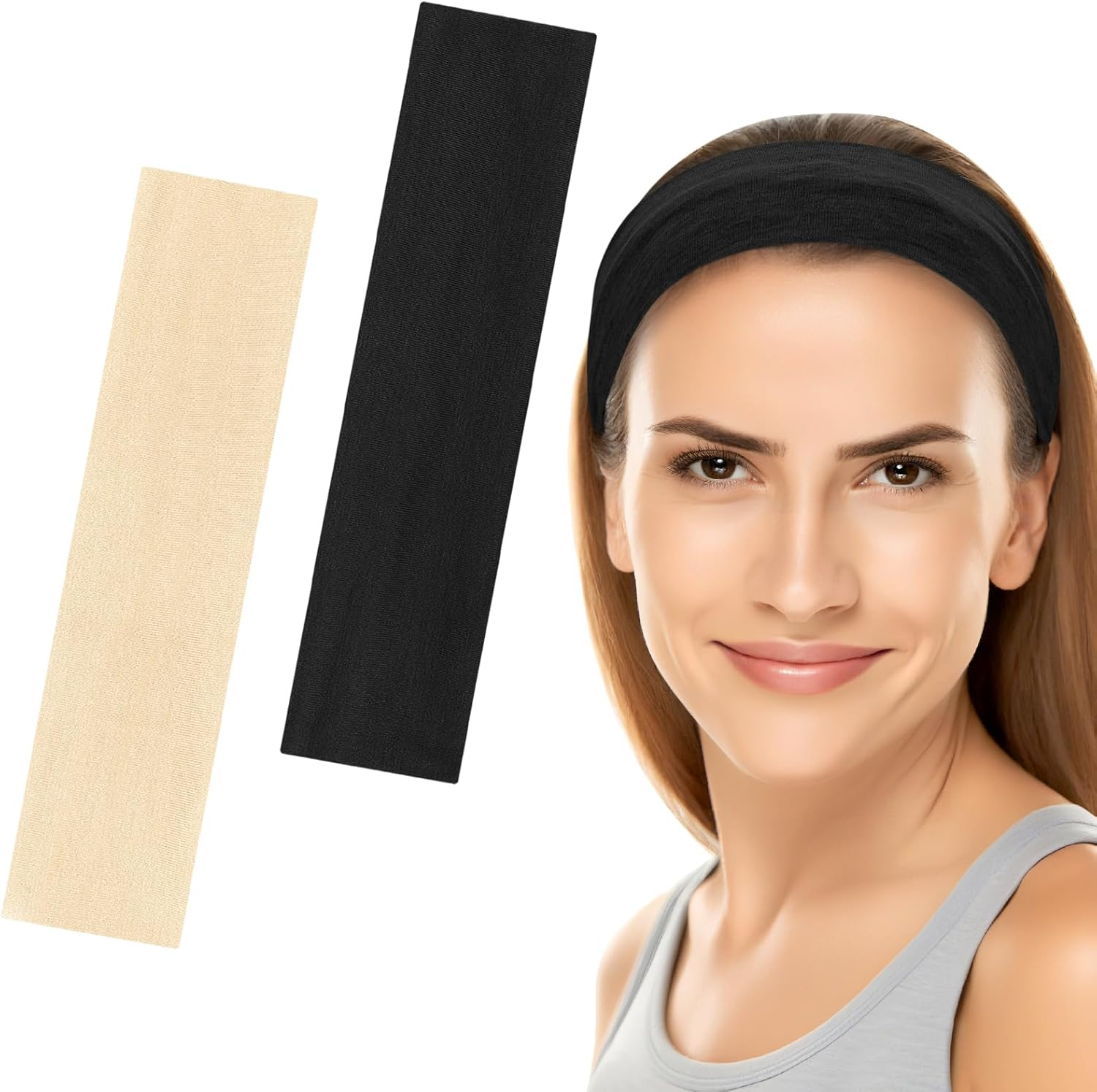 6Cm Wide Headbands for Women Men, [2 PCS] Unisex Fashion Head Bands for Women'S Hair, Soft Fabric Stretchy Elastic Hair Bands for Makeup, Yoga, Running (Black+Black, One Size)