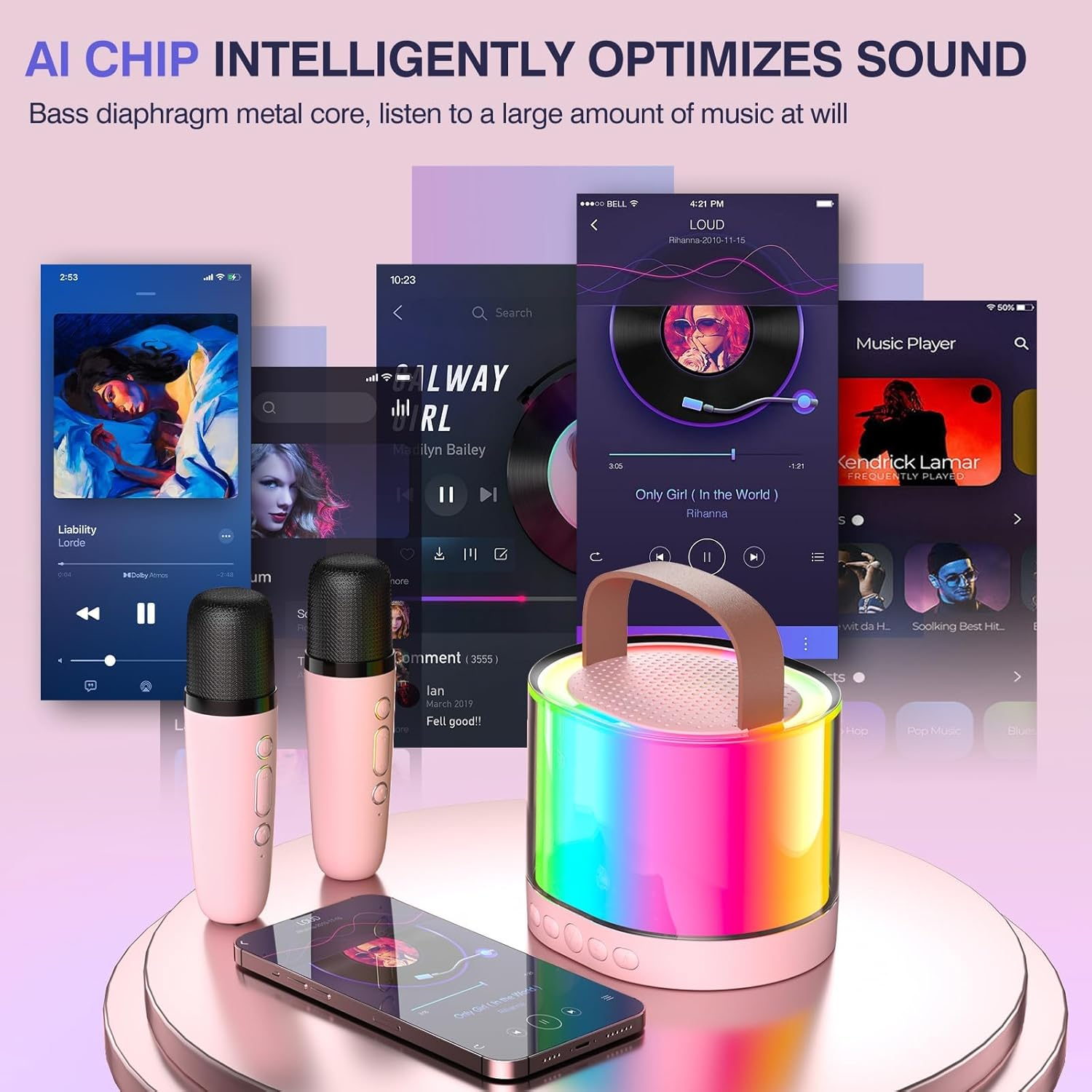 Portable Karaoke Machine with 2 Wireless Microphone, Mini Bluetooth Speaker for Adullts and Kids, Valentines Day Gifts Back to School Gifts image number 3