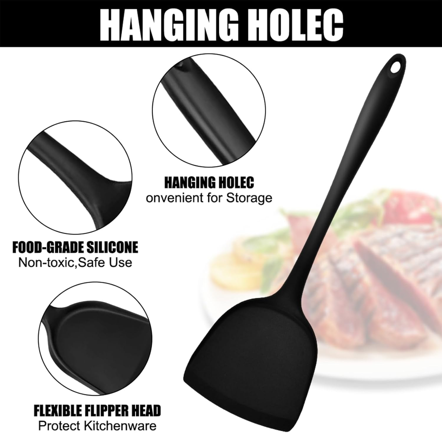 Pack of 2 Silicone Wok Spatula,Silicone Turner Spatula,Silicone Spatula for Cooking,Non-Stick,Bpa Free,Heat Resistant, Easy to Clean, for Cooking, Baking, Flipping Eggs, Pancake, Burgers (Black) image number 4