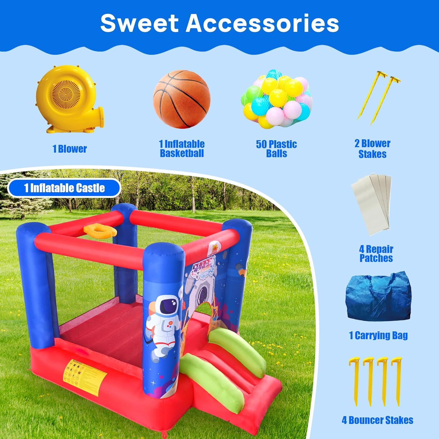 Inflatable Bounce House Jumping Castle Slide with Blower, Kids Bouncer with Basketball Rim image number 3