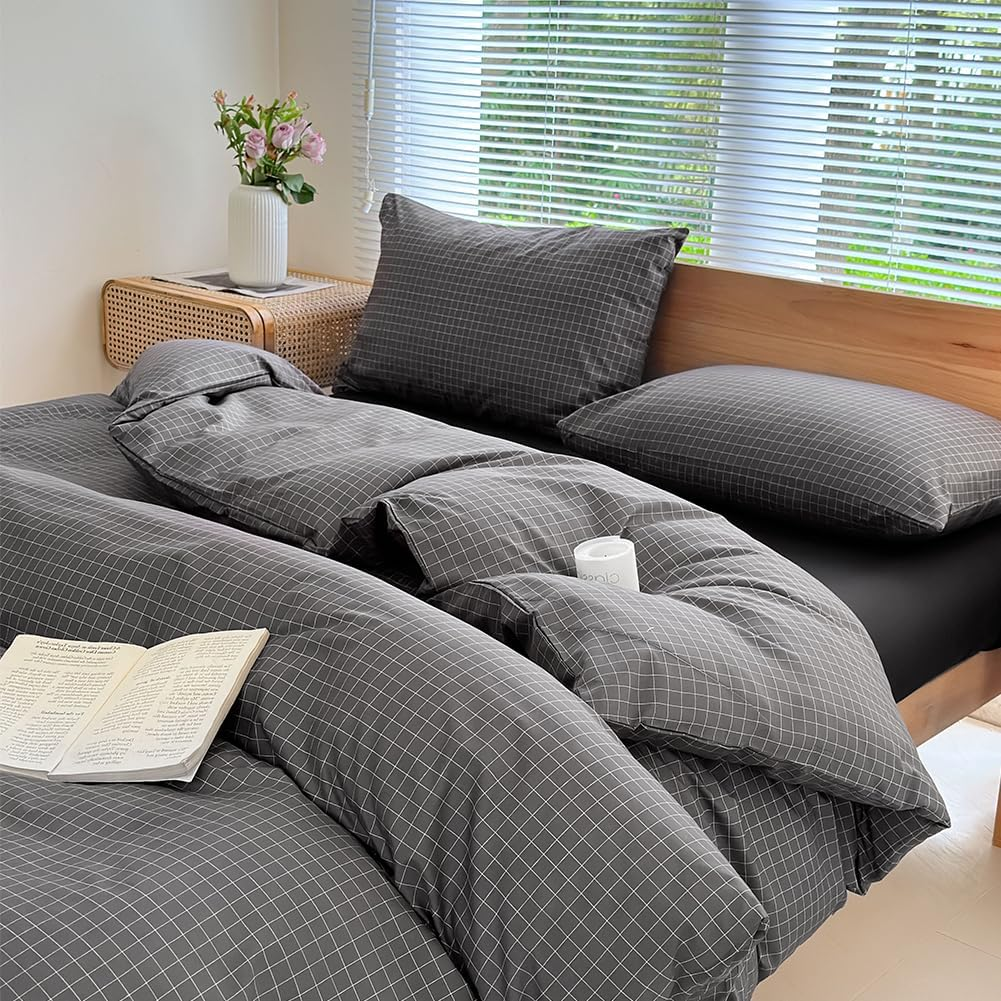 NSNLGSGC Queen Gingham Grid Duvet Cover Set Tan- Washed Microfiber Plaid Comforter Cover Set Brown Soft & Lightweight Breathable Clean Bedding Set(3Pcs, Queen)