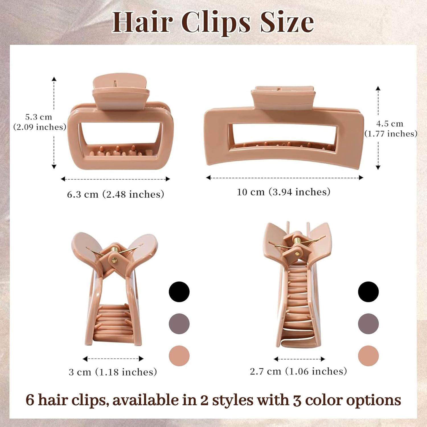 Muorruo 6-Pack Silicone Hair Clips in 2 Designs, Flexible and Soft Hair Clips for Women | Rectangular, Small and Large, Comfortable Hair Clips (Dark Khaki, Coffee, Black) image number 4