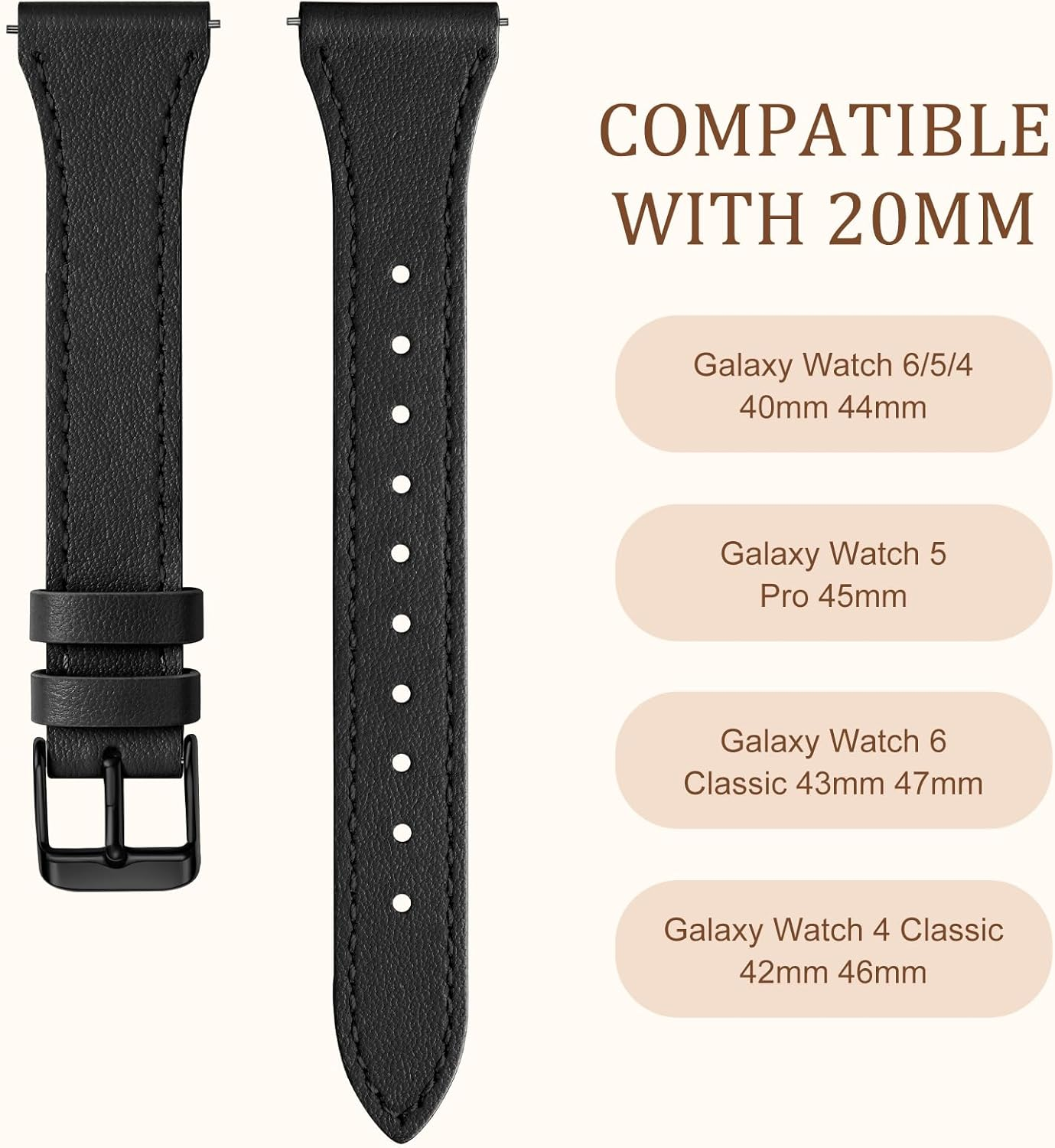 Getino Slim Leather Bands Compatible with Samsung Galaxy Watch 7 Band/Watch FE 6 5 4 40Mm 44Mm/Watch 5 Pro Band 45Mm/Galaxy Watch 6 Classic 43Mm 47Mm, Top Grain Genuine Leather 20Mm Watch Band Women image number 5