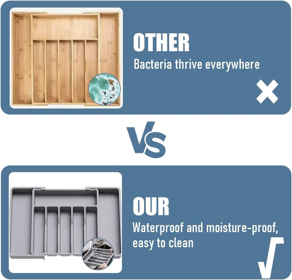 Silverware Drawer Organizer，Adjustable Cutlery Storage,Flatware and Cutlery Holder with 8 Compartments，Expandable Kitchen Drawer Organiser，For Spoons Forks Knives image number 1