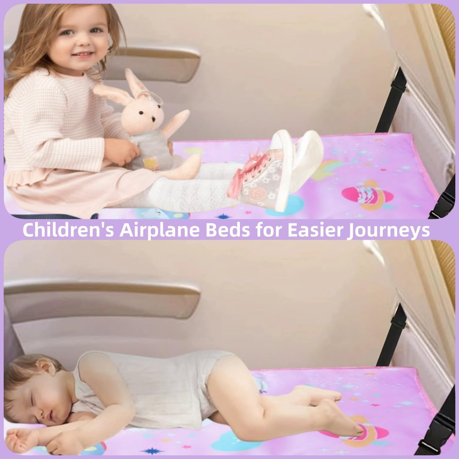 Toddler Airplane Bed, Kids Airplane Seat Extender Travel Bed, Kids Airplane Travel Essentials, Airplane Must Have for Toddlers, Portable Plane Bed Foot Rest for Flights (Starry Sky Powder) image number 1