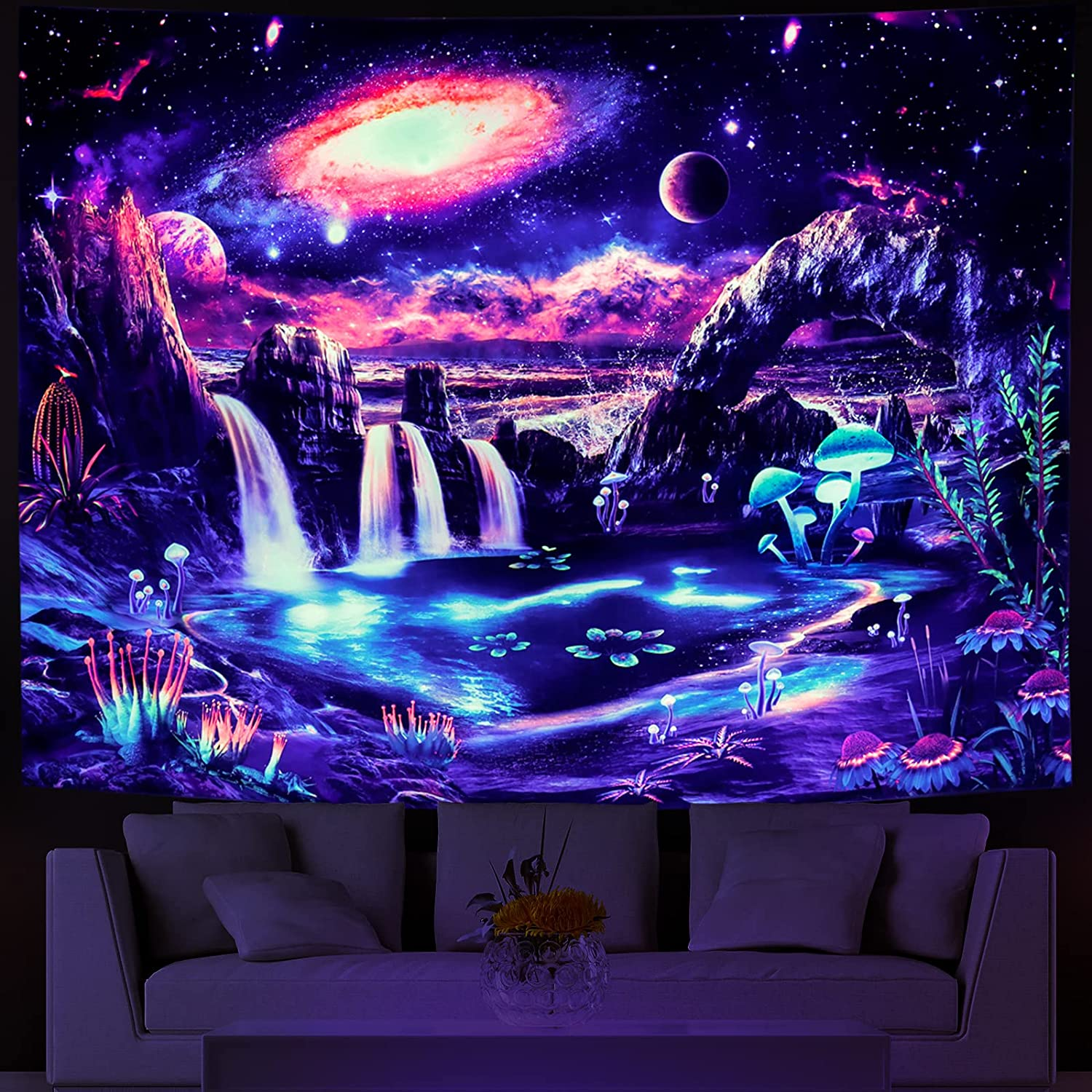 Blacklight Galaxy Tapestry Trippy Planet UV Reactive Waterfall Landscape Fantasy Mountain Wave Wall Mysterious Neon Mushroom Plants Hanging for Room, M/51.2'' &times; 59.1'' image number 2