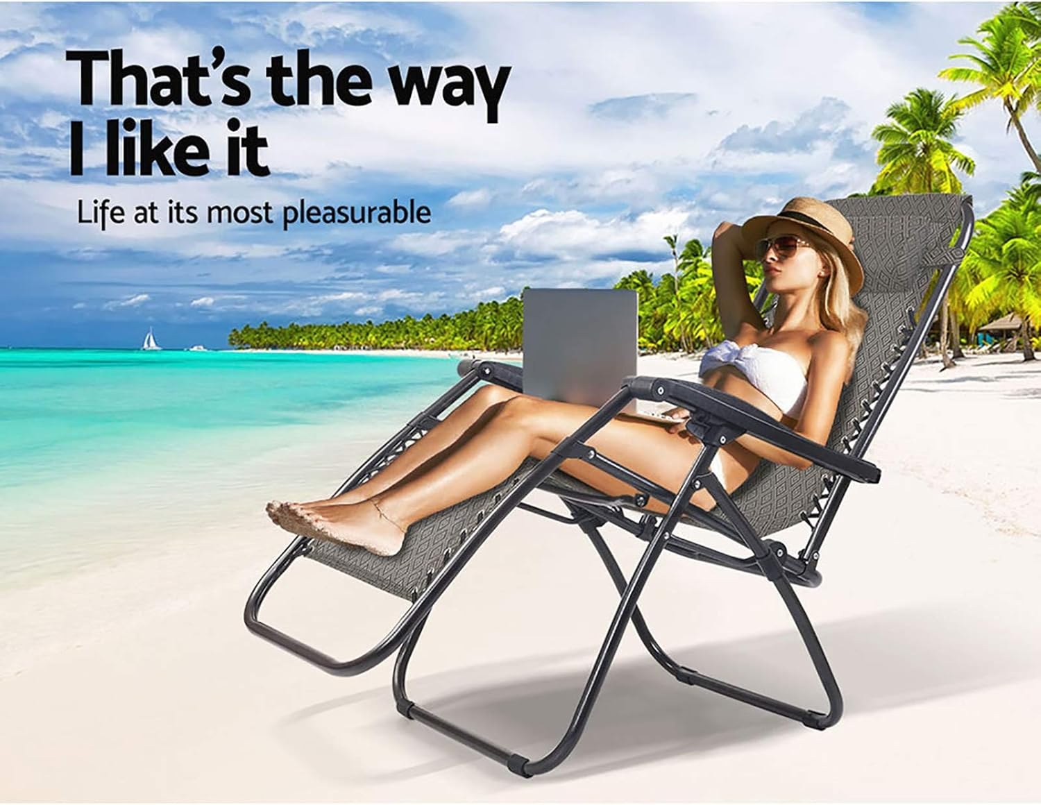 Gardeon Zero Gravity Portable Reclining Lounge Folding Outdoor Camping Beach Chair Beige - Black image number 3