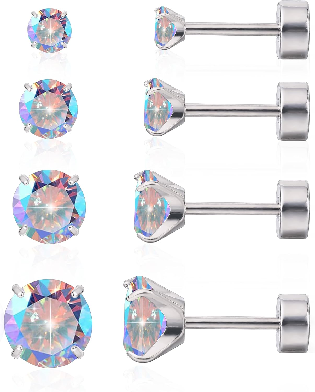 Limerencia F136 Hypoallergenic Titanium Earrings 20G CZ Studs Set, Flat Back Earrings Cartilage Helix G23 Piercing Post of 4 Pairs 3-6Mm Screw Back Earrings for Women Girls