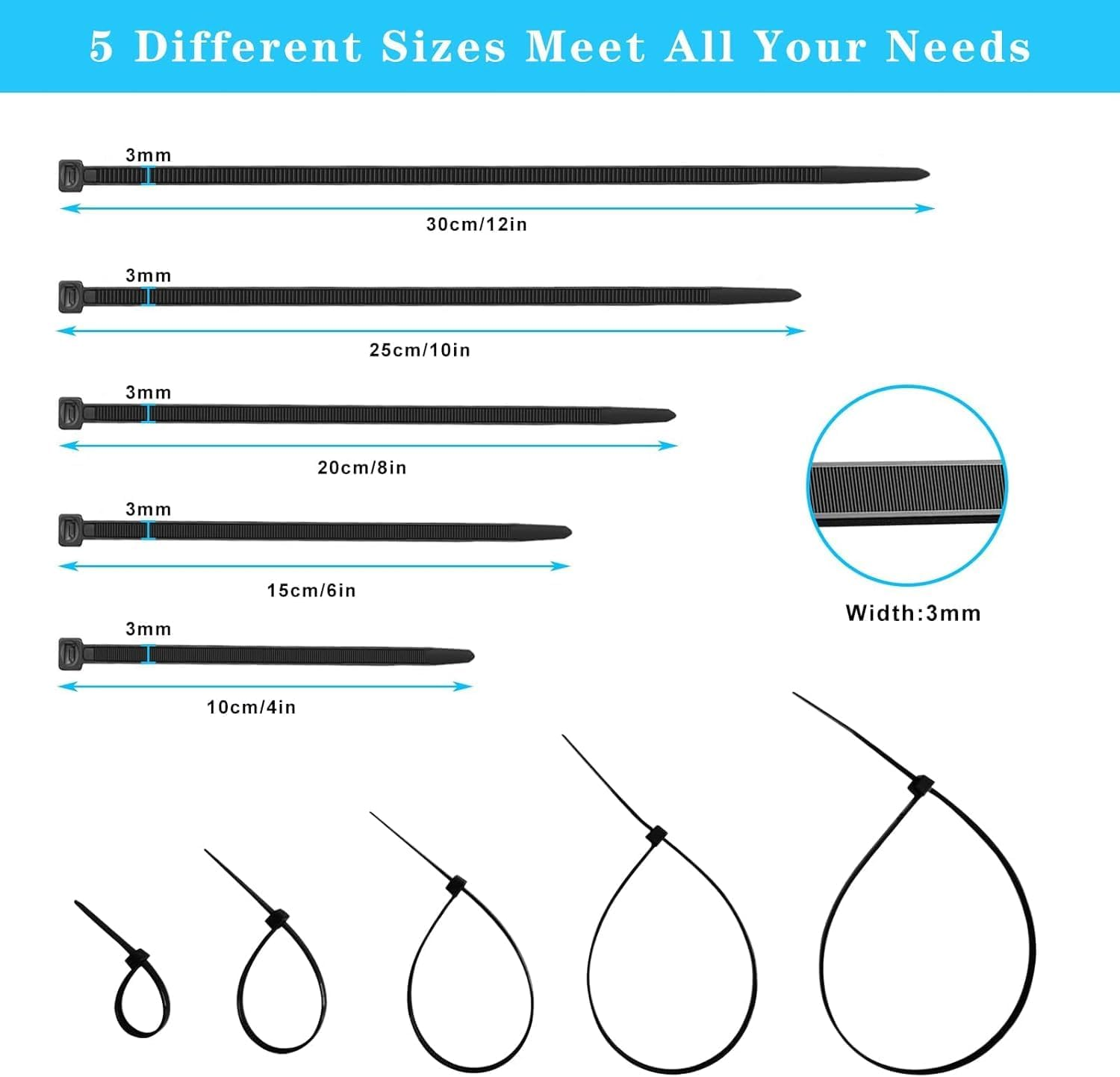 Starwood 500PCS Black Nylon Cable Zip Ties, Self-Locking 4/6/8/10/12 Inch - Ideal for Home, Office, Garage, and Workshop Use image number 3