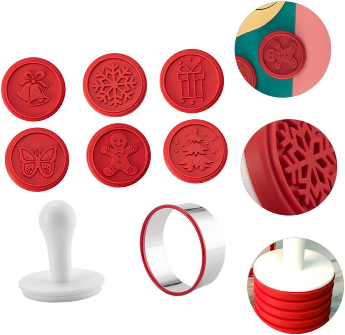 1Set Christmas Cookie Seal Hand Press Baking Molds Biscuit Cutters Christmas Patterns and Handle Reusable Silicone Stamp Kit for Holiday Baking image number 2