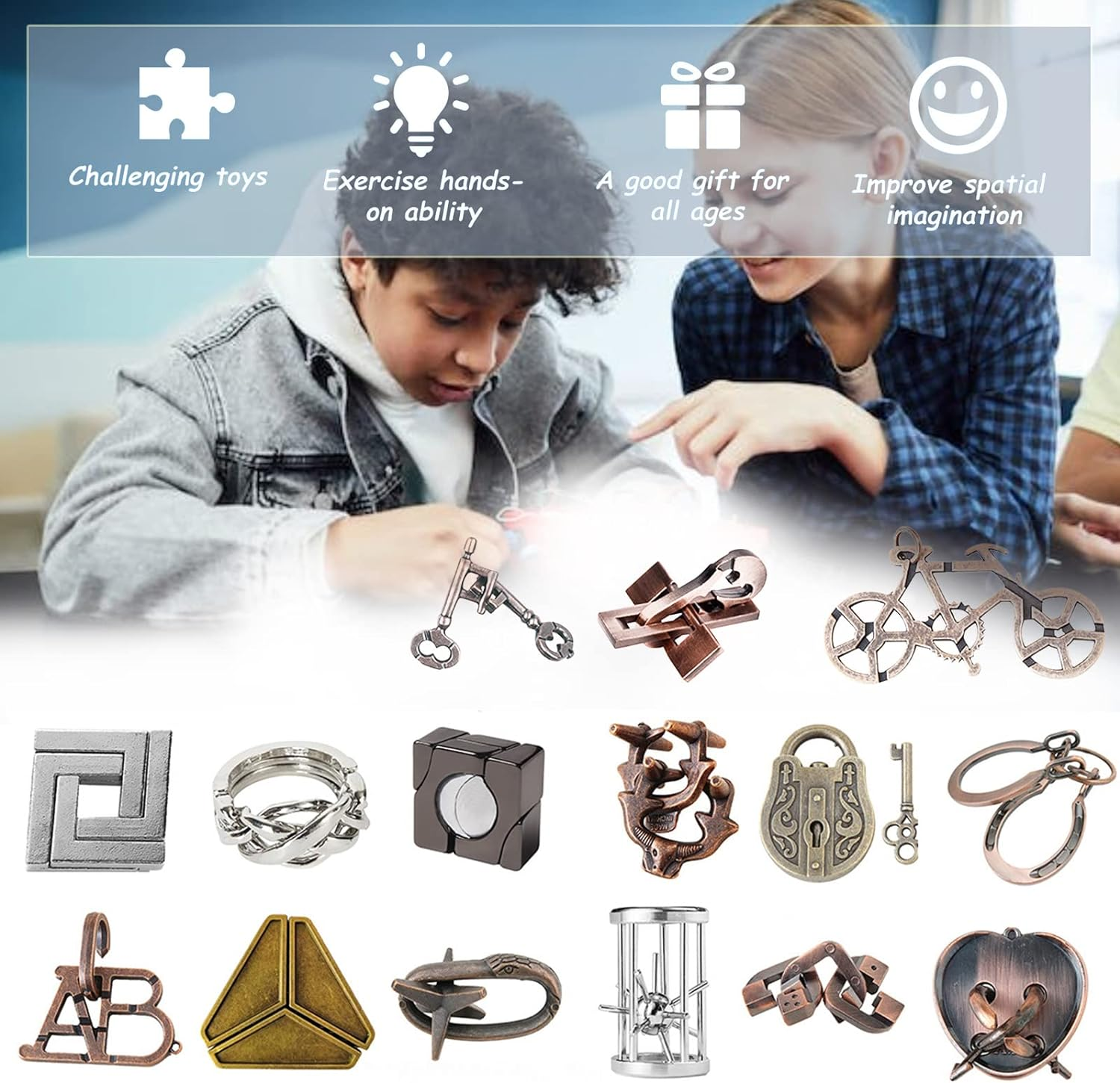 Roseflower 15 Pcs IQ Test Puzzle Brain Teaser Metal Wire Puzzles Mind Game Educational Toys Disentanglement Unlock Interlock Game Magics Trick Toy for Party Favor Kids Adults Challenge Interlock Game - 1 image number 4