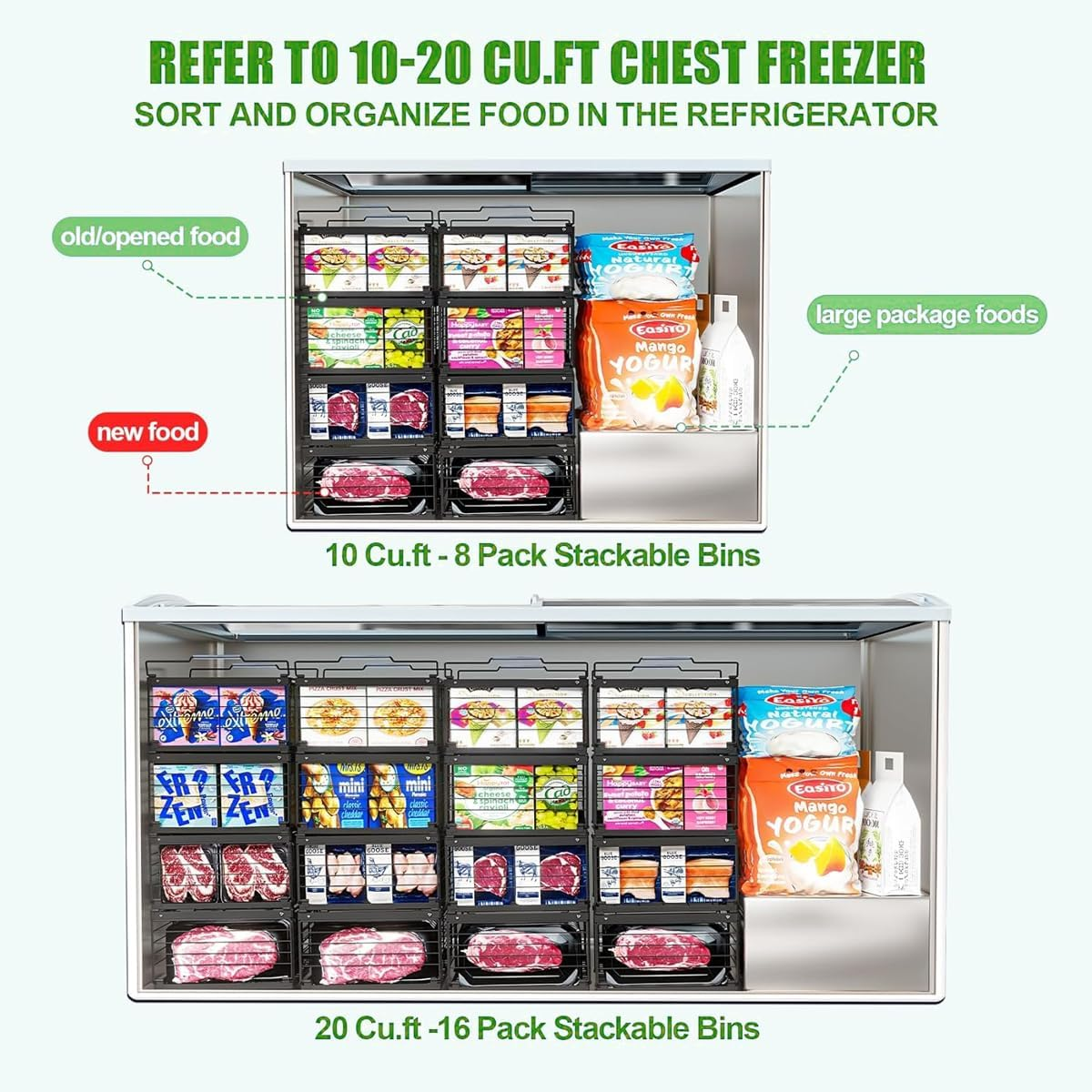 Blissify 2 Pack Expandable Freezer Basket, Stackable Large Freezer Organiser, Deep Chest Freezer Organizer Bins with Foldable Handles for Sorting Frozen Meats and Food, Black image number 6