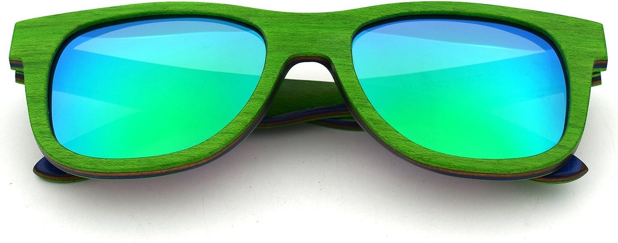 Skateboard Sunglasses Wood Glasses Polarized Wayfarer Sun Shades for Men UV400 Protection with Bamboo Case 52Mm (Green, 2 Inches) image number 1