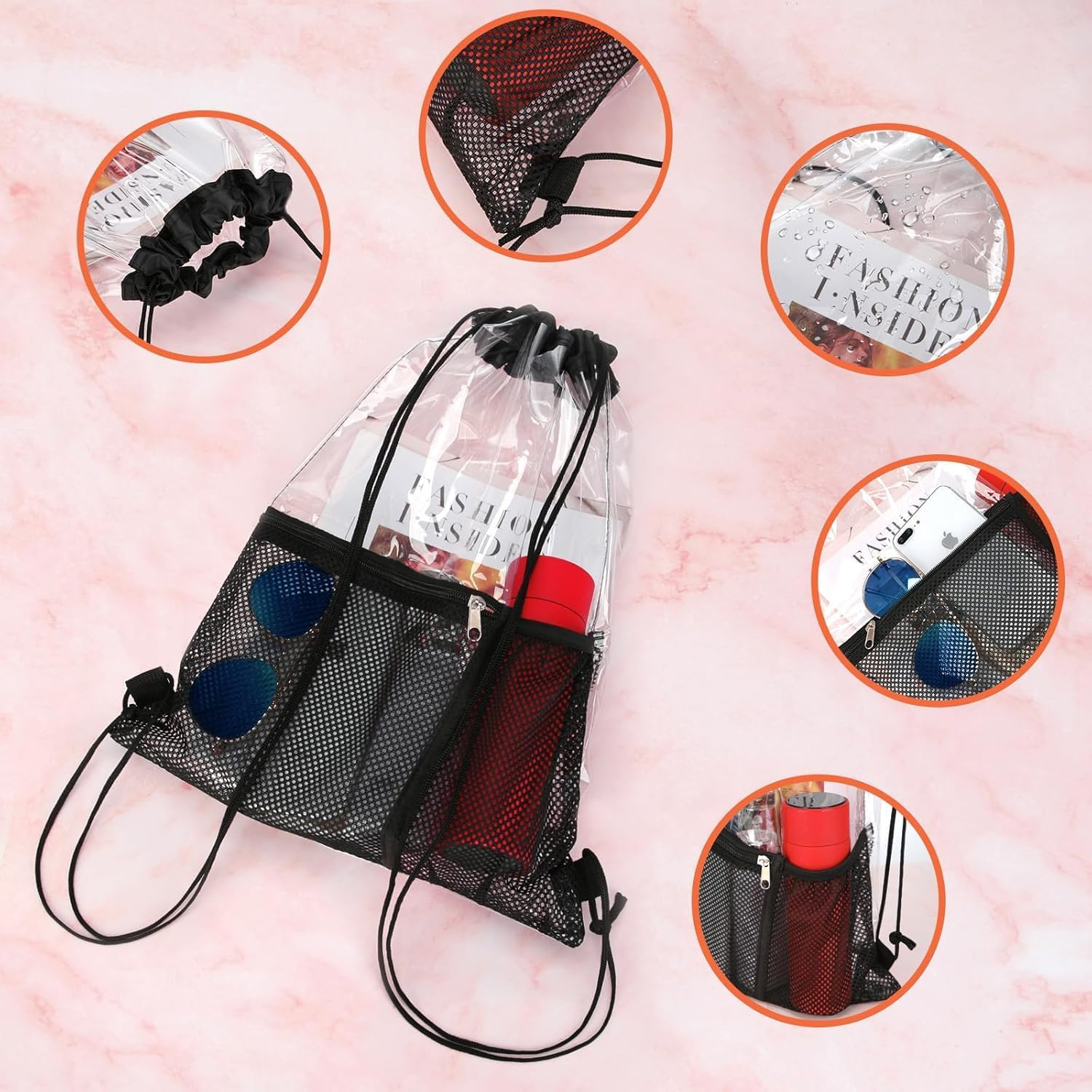 2PCS Clear Backpack Stadium Approved - 12.99X16.93 Inch Waterproof PVC Transparent Bag for Concerts, Sports Events, Travel & Gym, Tsa-Compliant Drawstring Backpack image number 4