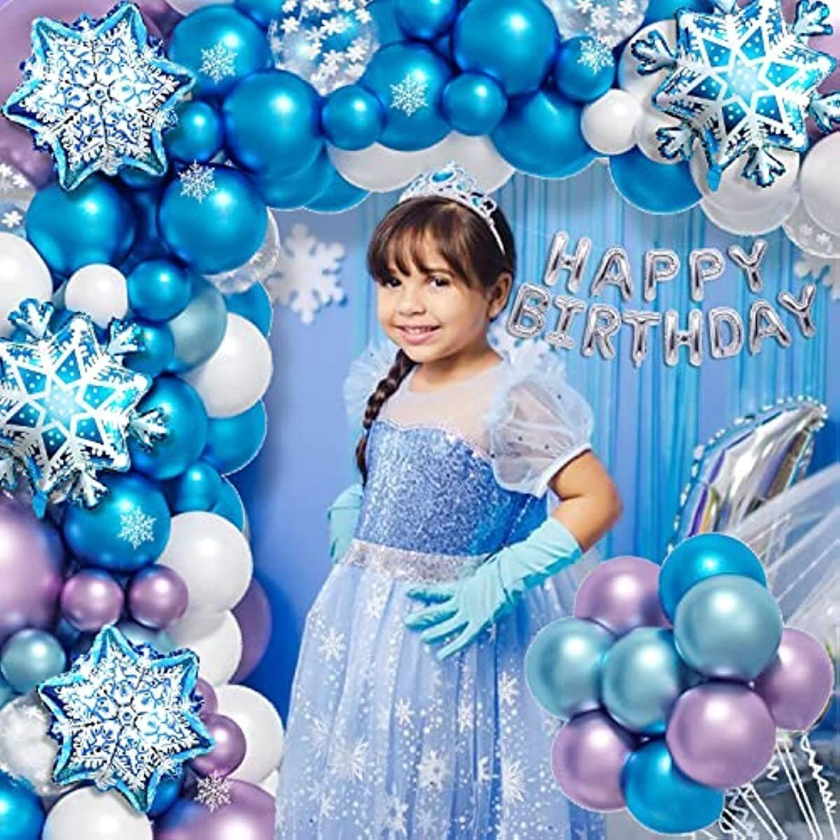 123Pcs Frozen Balloon Garland Arch Kit, White Blue Metallic Purple Latex Balloons, Snowflake Foil Balloons Happy Birthday Banners for Baby Shower Birthday Party Decorations (Frozen) image number 3